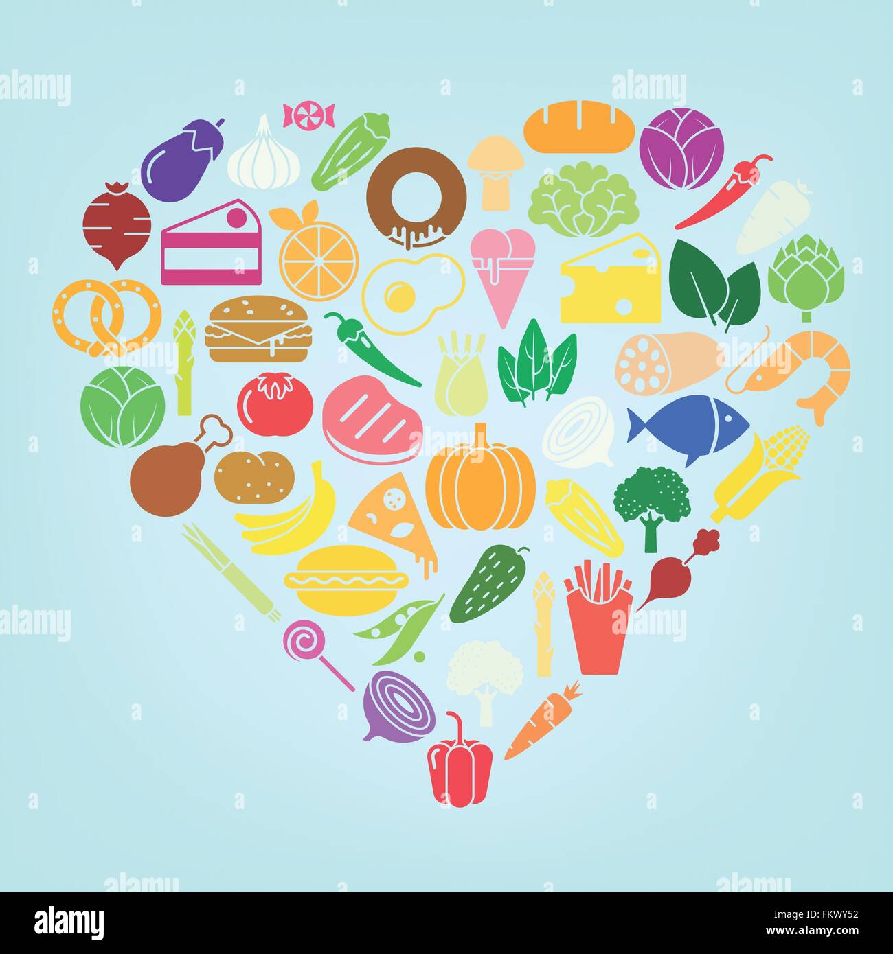Heart-shaped assortment of multicolored food icons Stock Vector