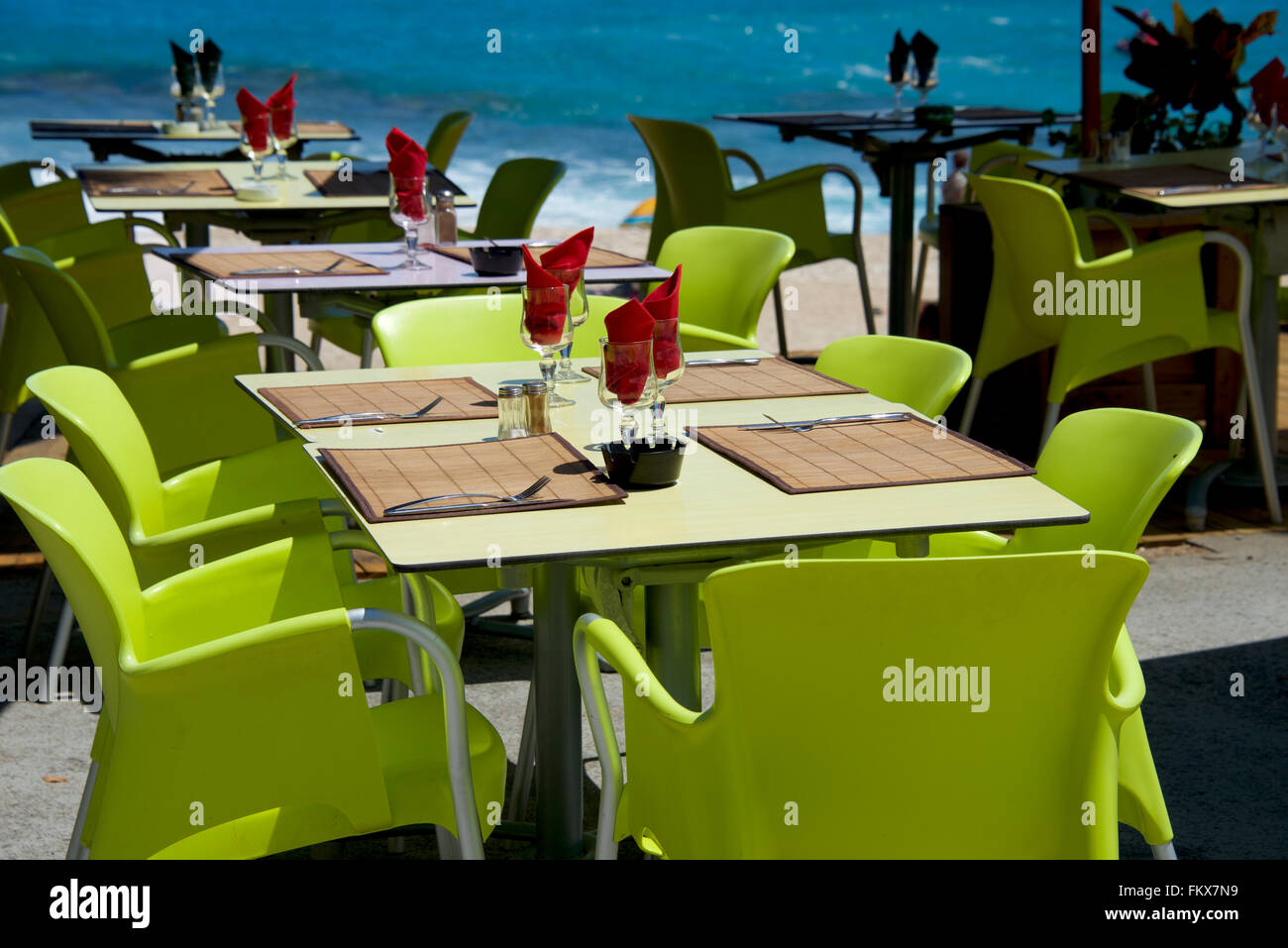 Tables at seaside restaurant with beautiful view Stock Photo