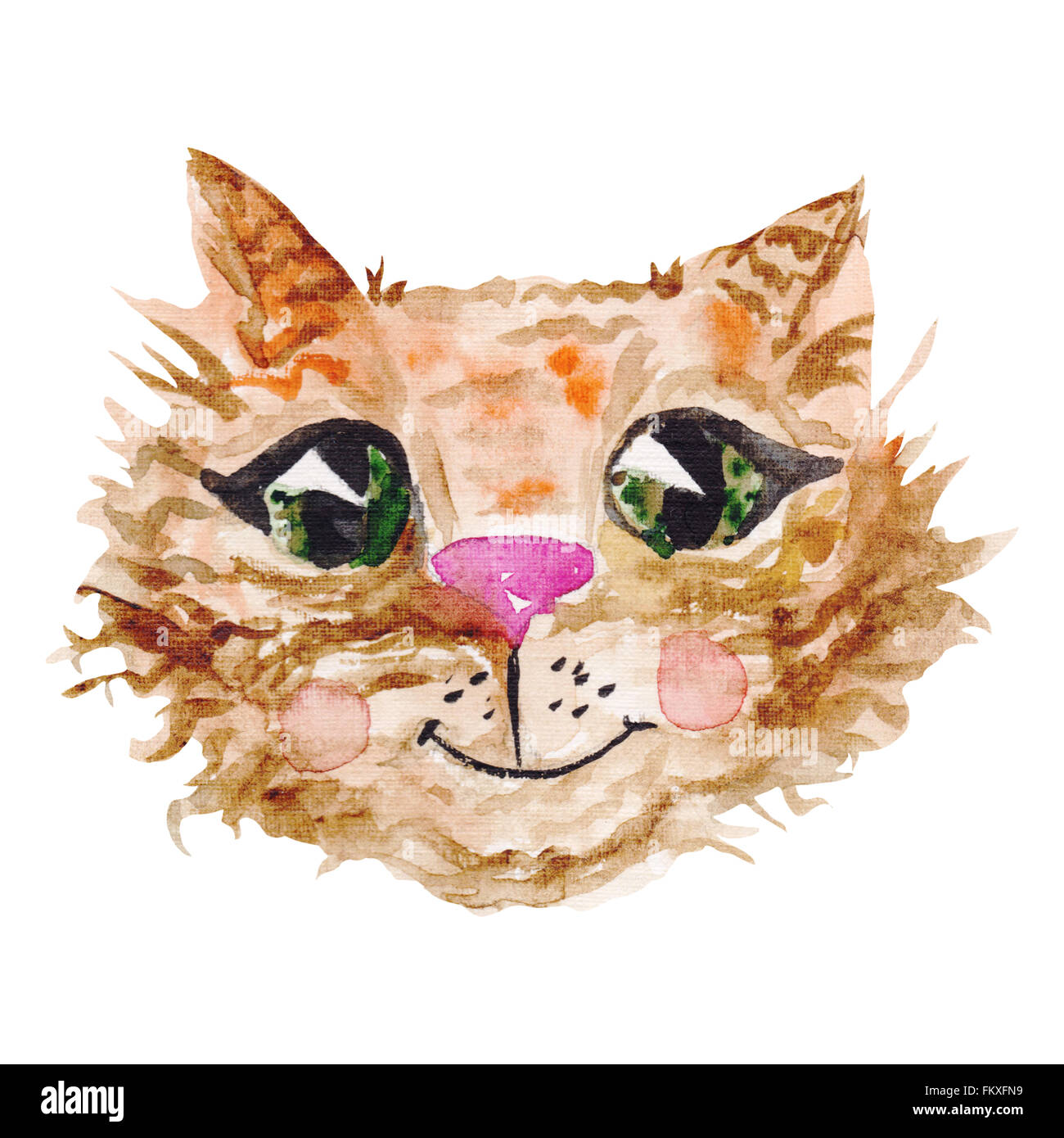 Hand-painted cute cartoon kitten with large eyes isolated on white ...