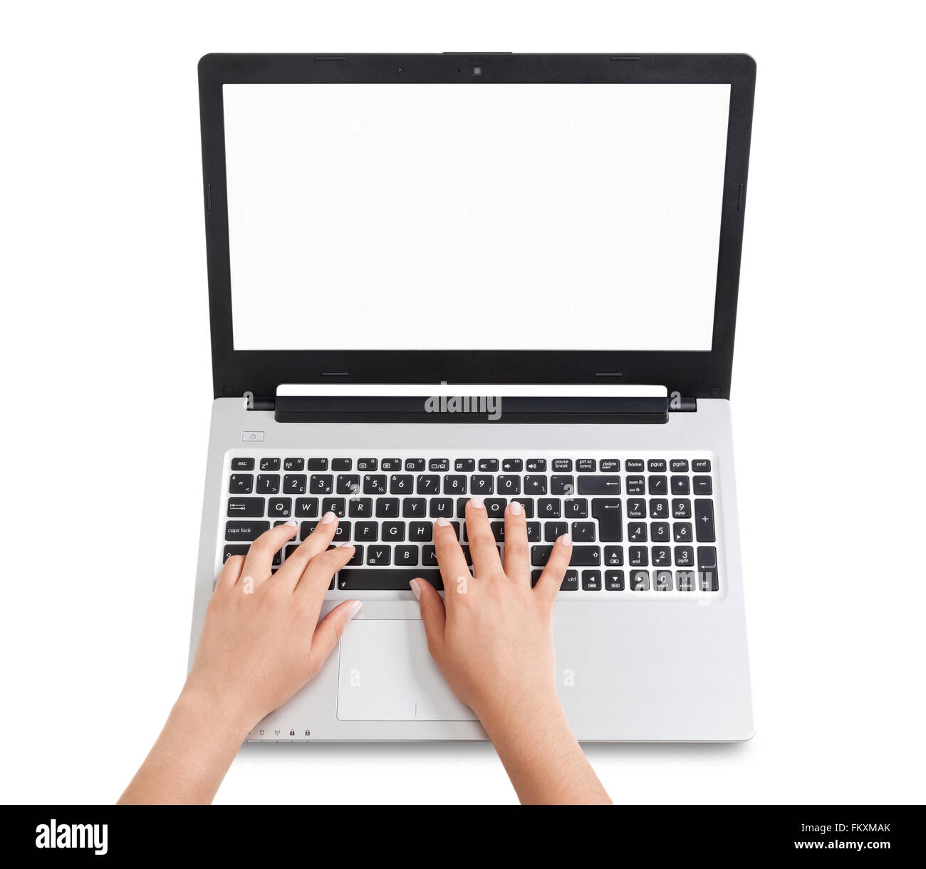 female hands typing on  laptop. businesswoman working on laptop on white background. Stock Photo