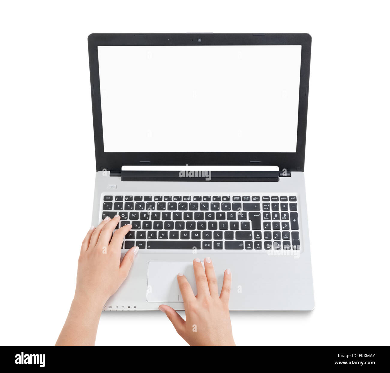 female hands using laptop. businesswoman using touchpad on white background. Stock Photo