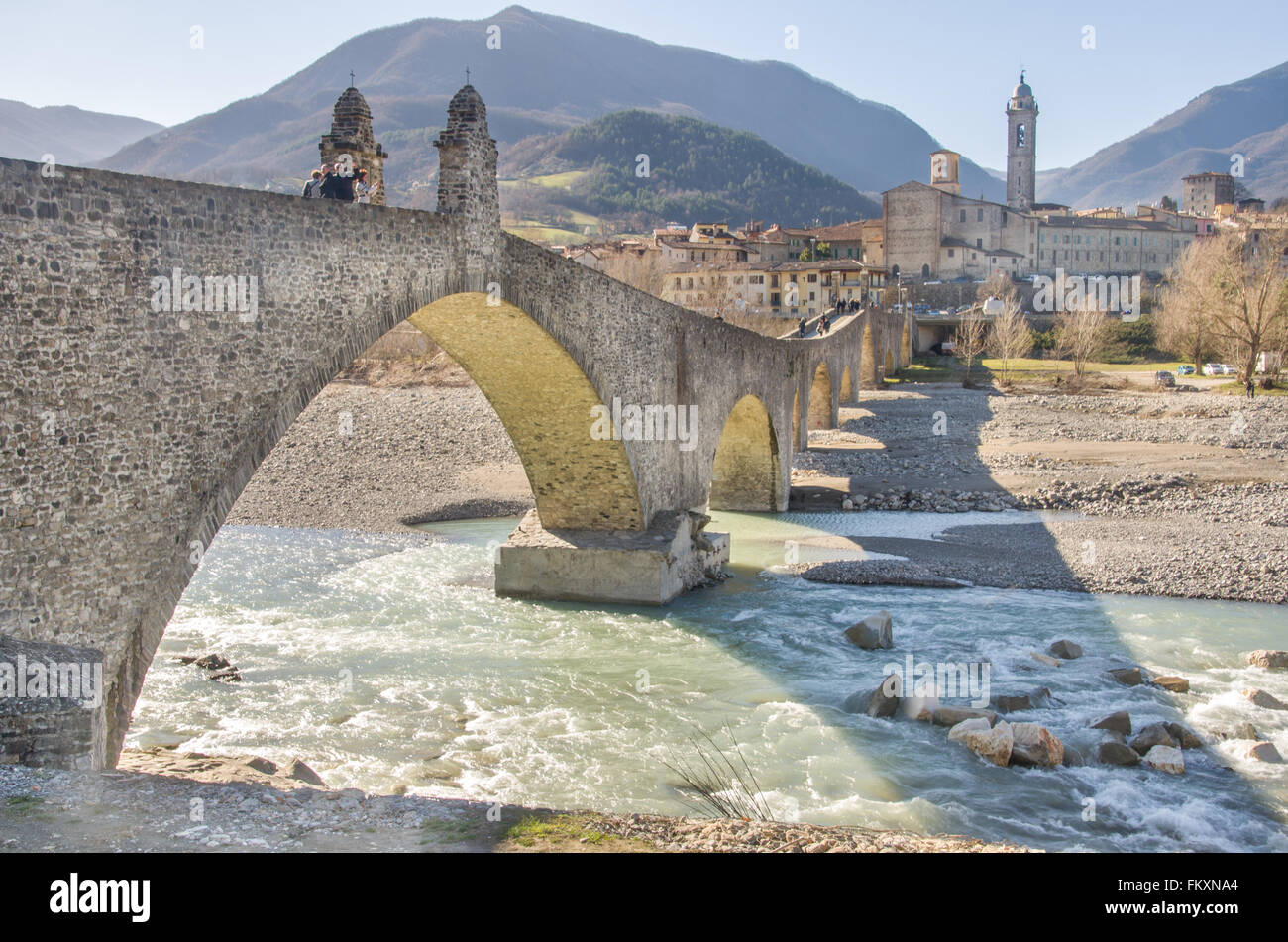 Bobbio - Val Trebbia river - Bridge - Piacenza - Emilia Romagna region - Italy Stock Photo