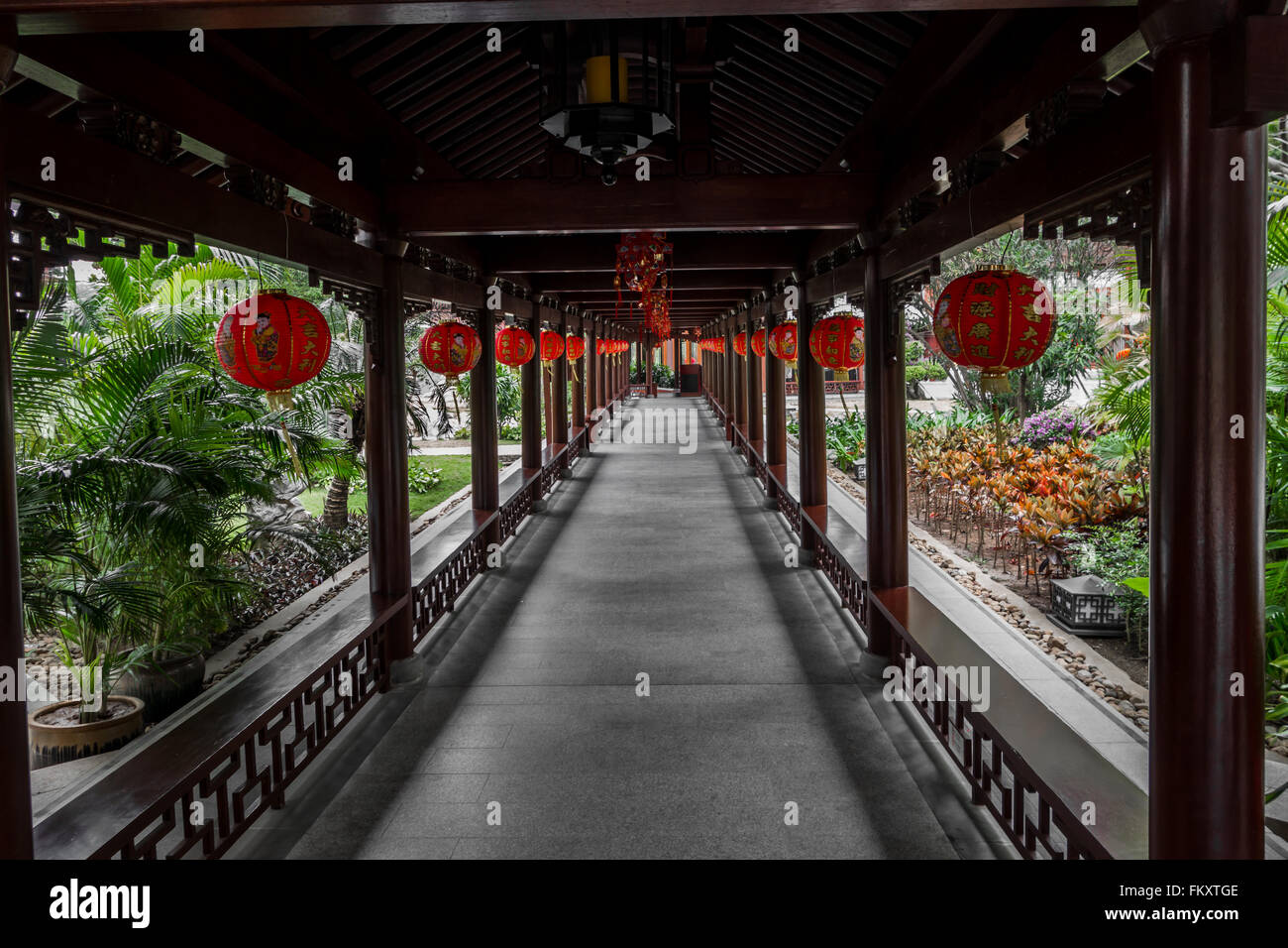 Corridor decorated with Chinese lanterns Stock Photo