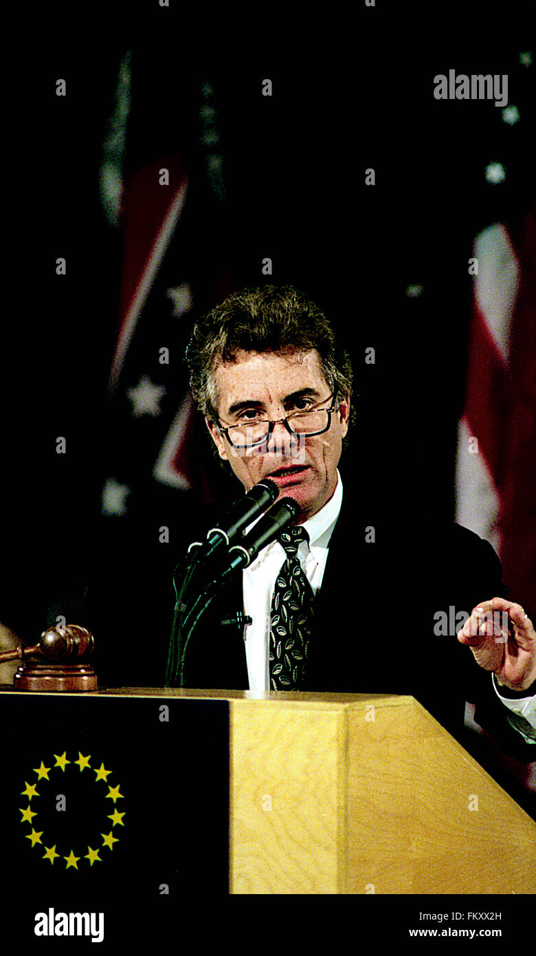 Washington, DC., USA, February, 1997 John Walsh Jr.  host of 'America's Most Wanted' television show addresses the National Governors Association Winter Meeting. Walsh is an American television personality, criminal investigator, human and victim rights advocate and the host, as well as creator,of America's Most Wanted. Walsh is known for his anti-crime activism and his extreme hatred of criminals, with which he became involved following the murder of his son, Adam, in 1981; in 2008, the late serial killer Ottis Toole was named as the killer of Walsh's son. Credit: Mark Reinstein Stock Photo
