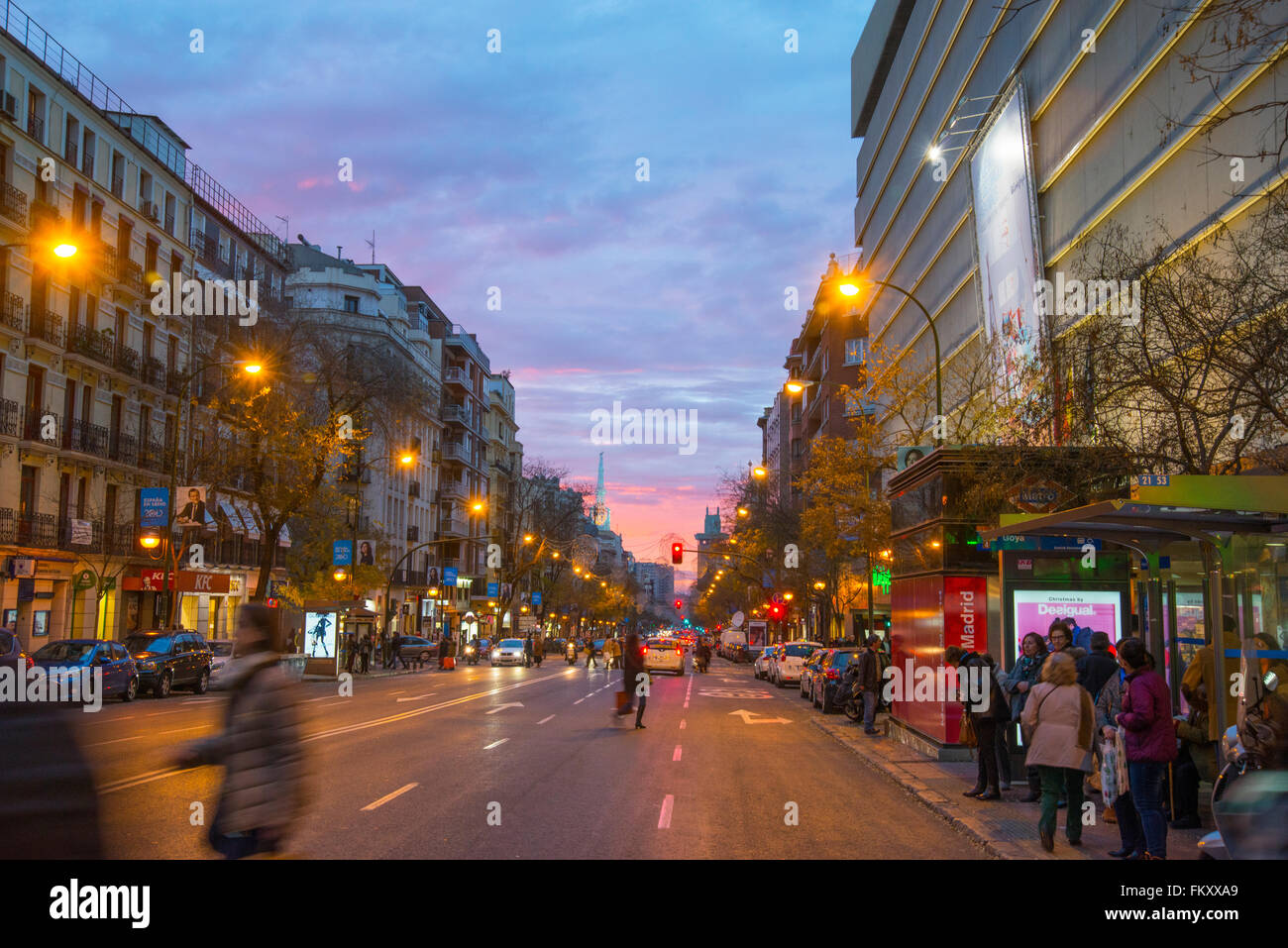 Goya street at nightfall. Madrid, Spain. Stock Photo