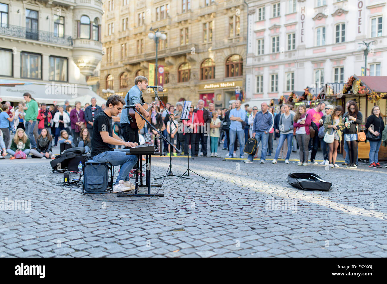 Street band playing for tourists in the streets of Prague Stock Photo
