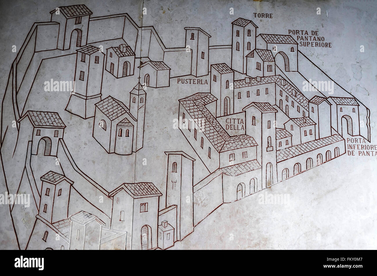 Map ancient city painted wall,, Città Alta, Bergamo,Lombardy,Italy. Stock Photo