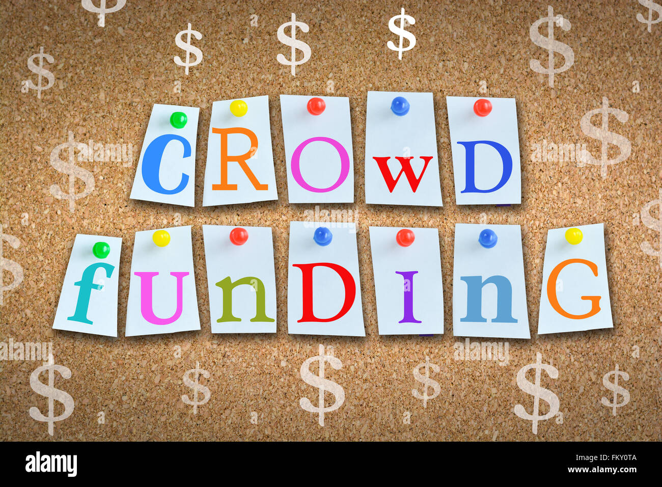 Crowdfunding concept with adhesive notes and pins on cork billboard Stock Photo