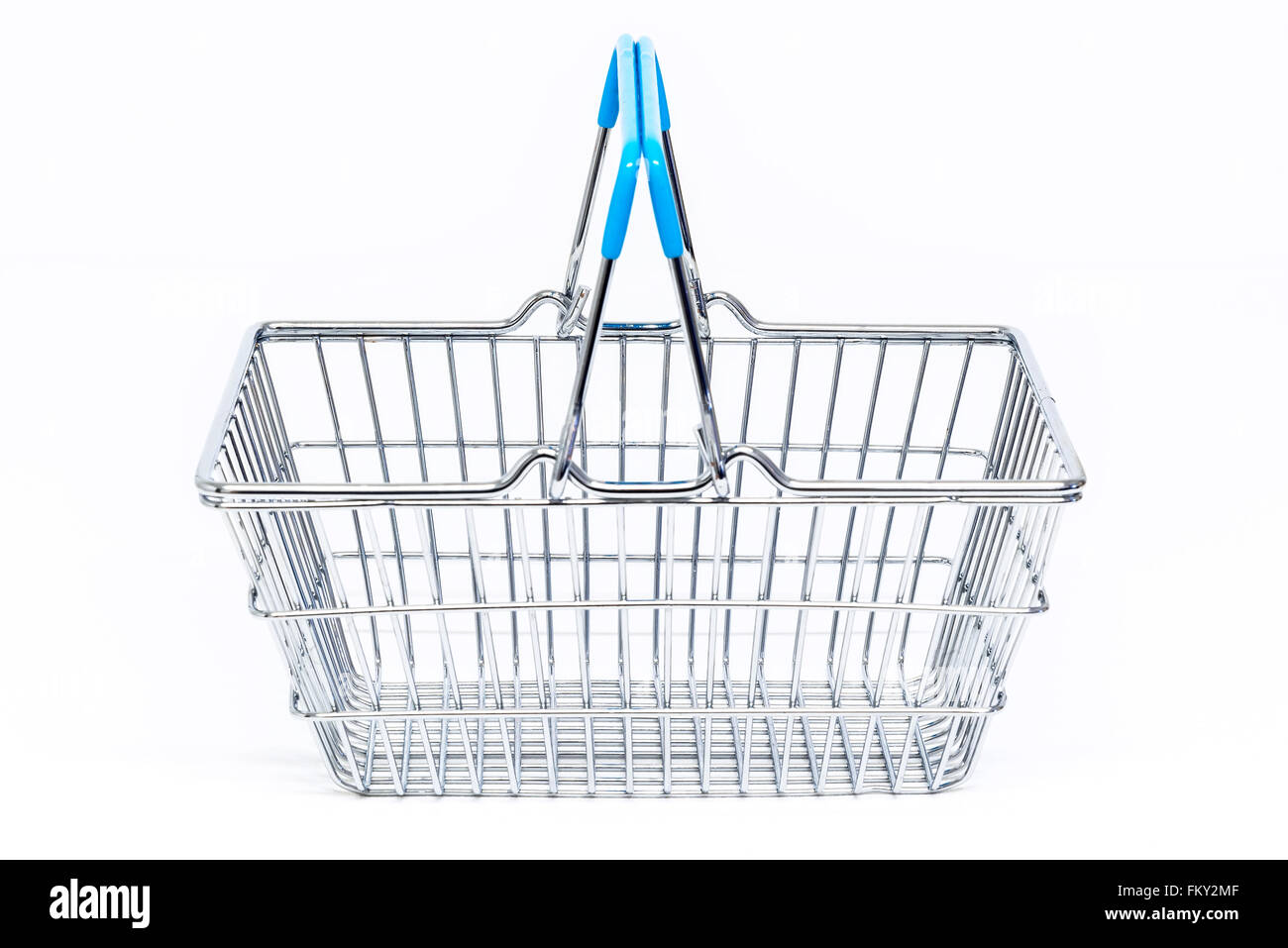 A typical metal shopping basket with blue plastic handles isolated