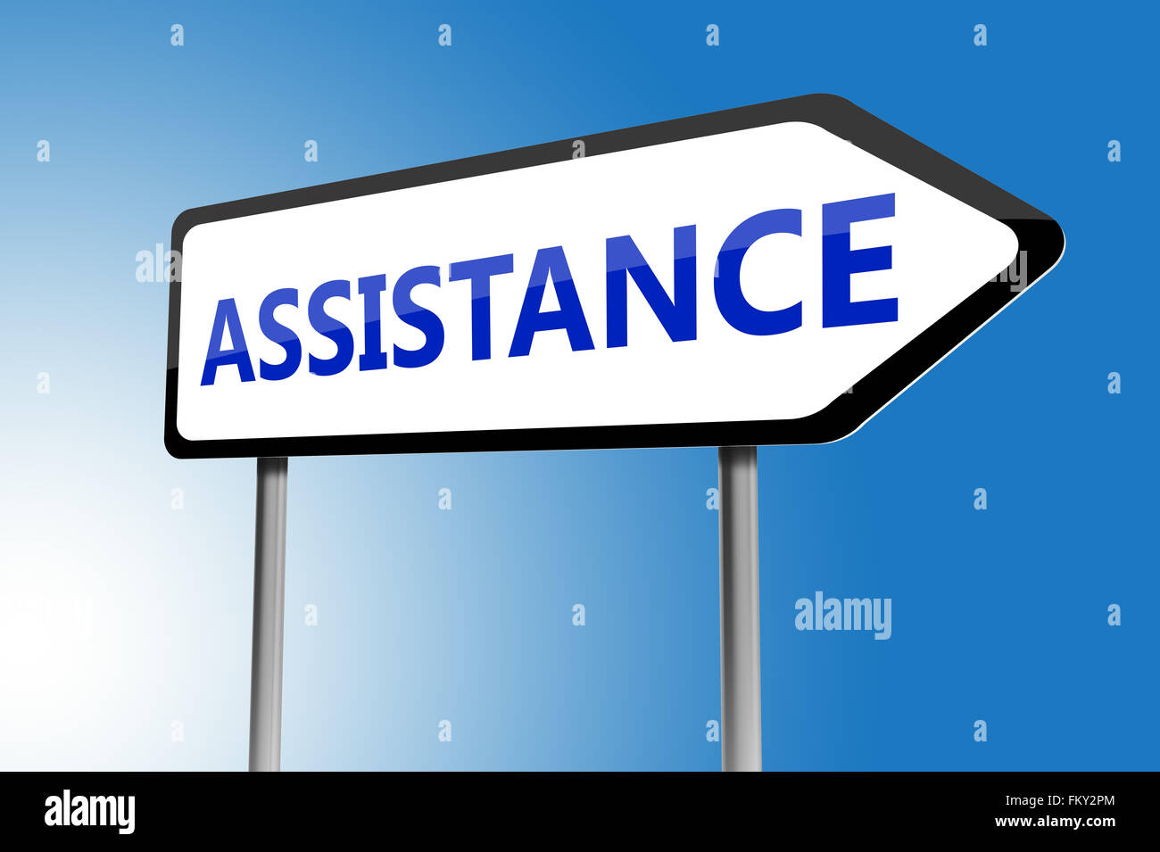 Illustration of assistance directions sign on a blue sky Stock Photo