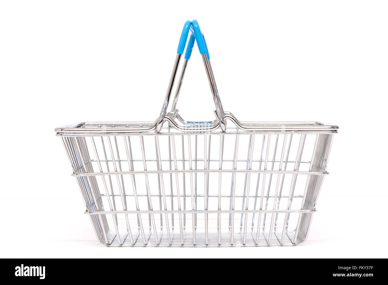 A typical metal shopping basket with blue plastic handles isolated