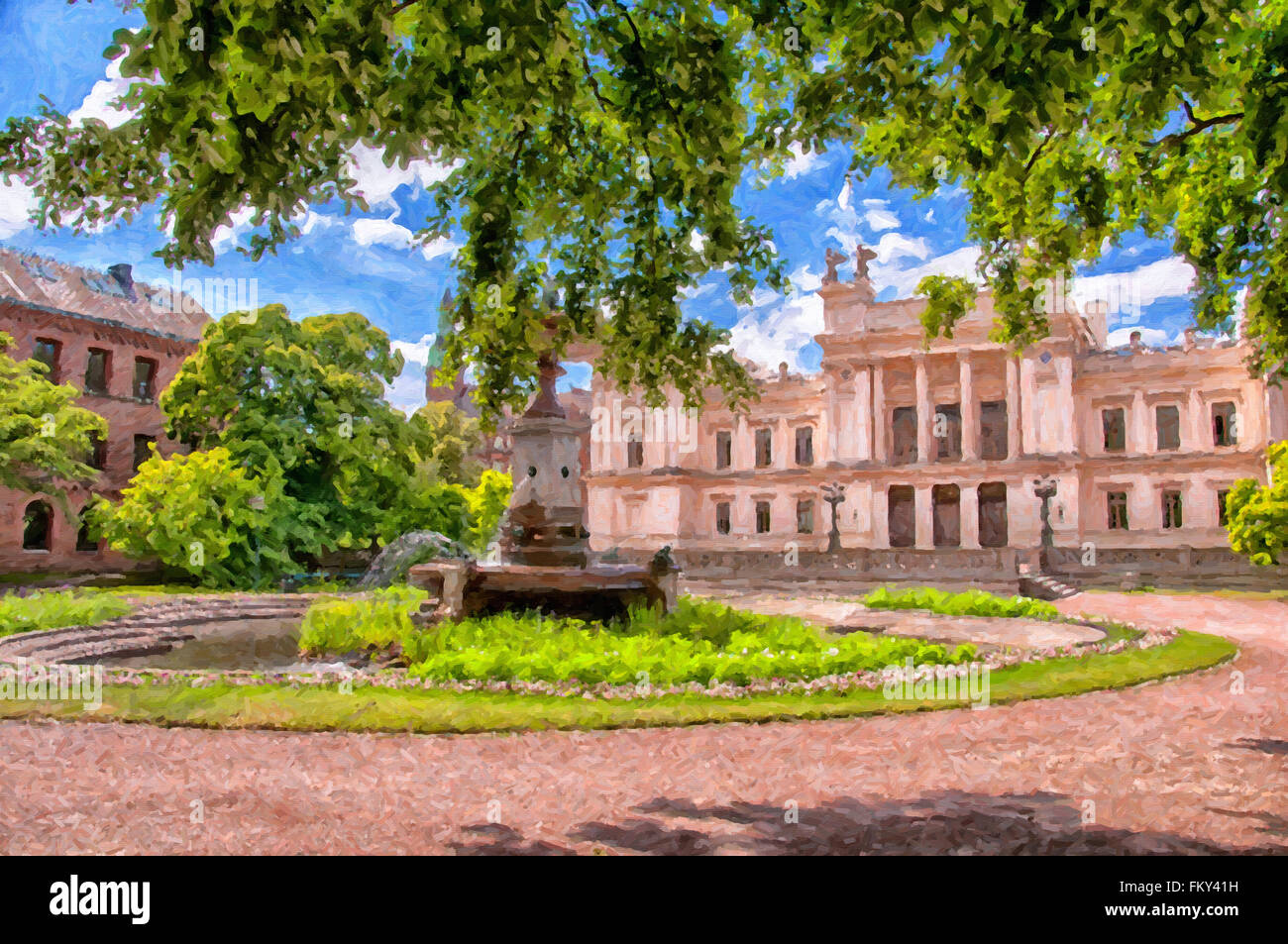 A digital painting of the very old and grand white building on the campus grounds of Lund university in Sweden. Stock Photo