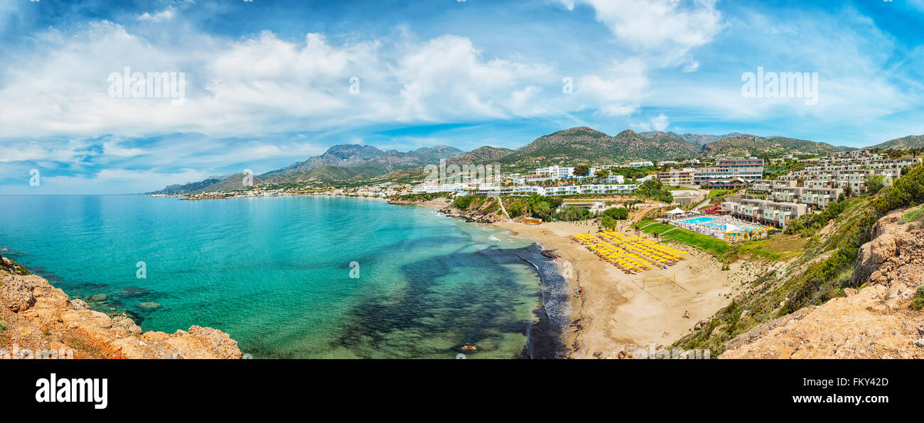 A panoramic view of the coastline from cliffs at Makrygialos on the Greek island of Crete. Stock Photo