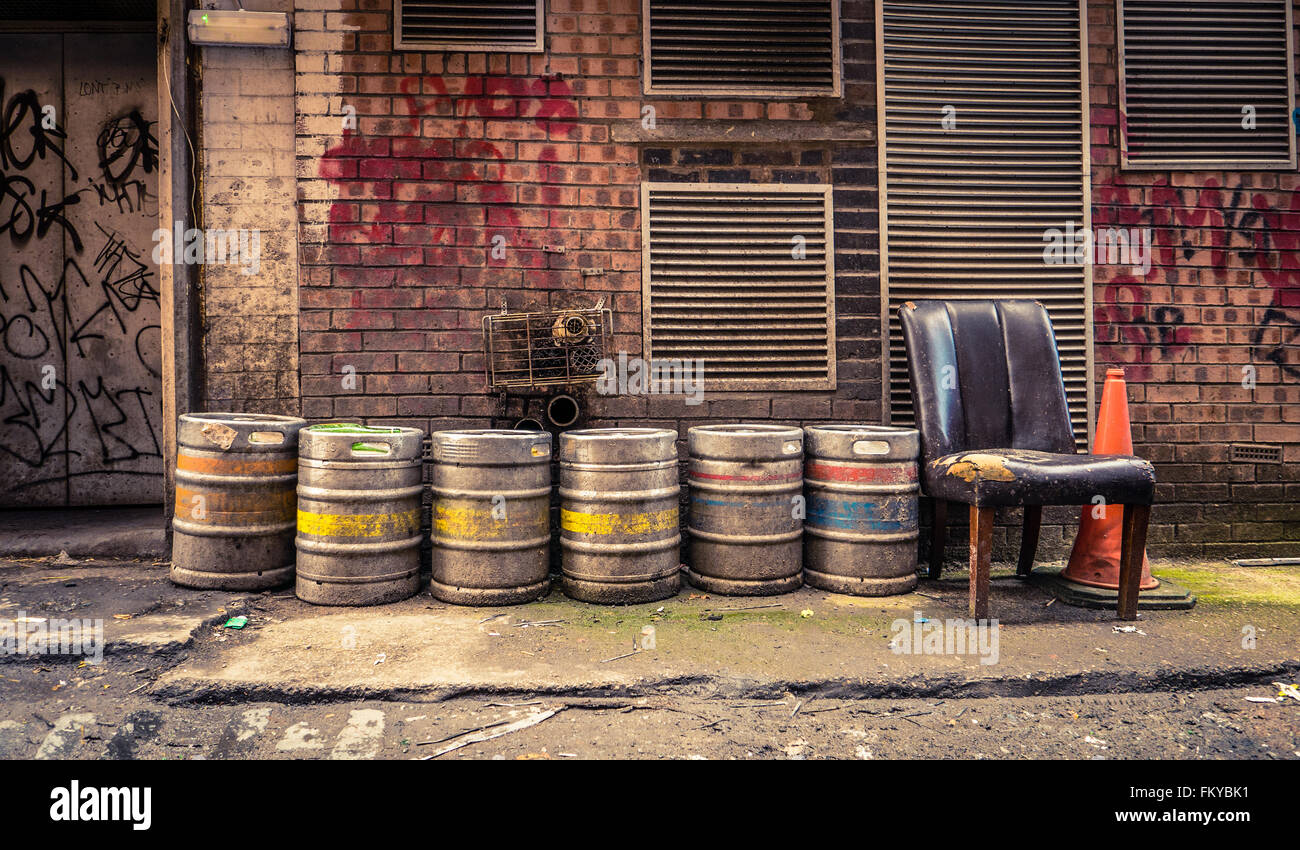 Beer Barrels In An Alleyway Behind A Bar Or Pub Stock Photo