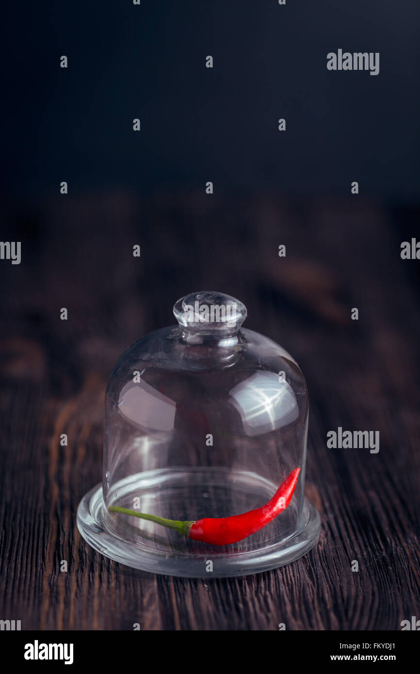 The pod of red hot pepper under glass cover on the wooden background Stock Photo