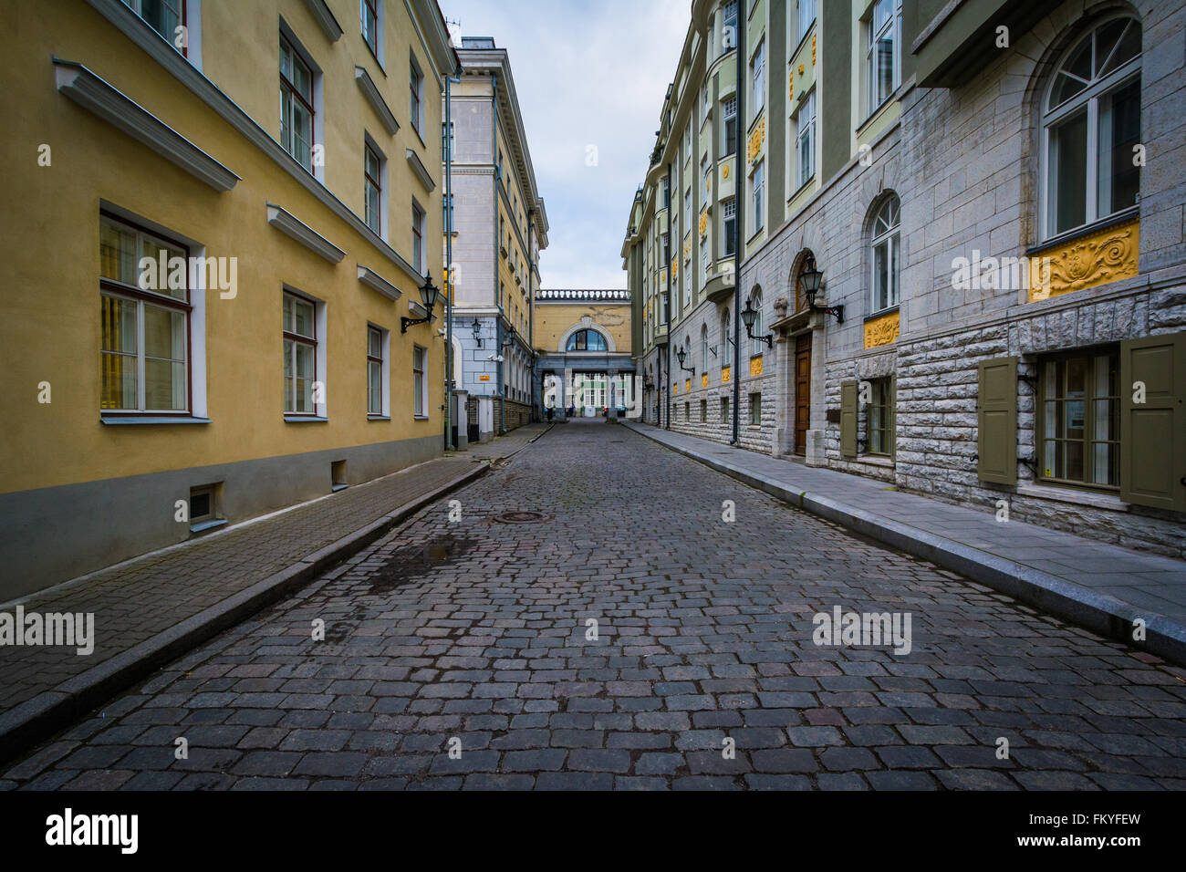 Cobblestone street and medieval architecture in the Old Town of Tallinn, Estonia. Stock Photo