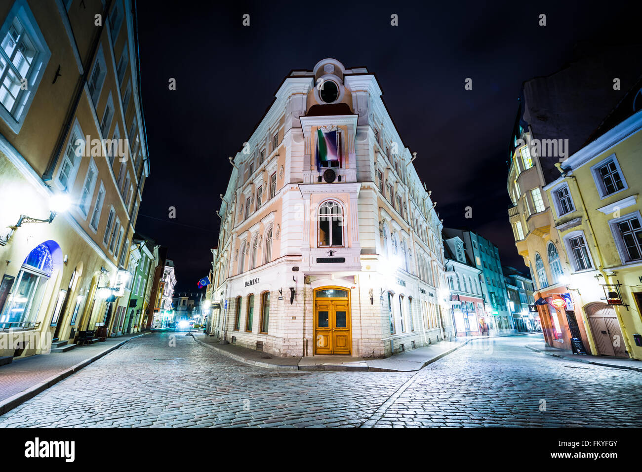 Buildings and cobblestone streets in the Old Town at night, in Tallinn, Estonia. Stock Photo