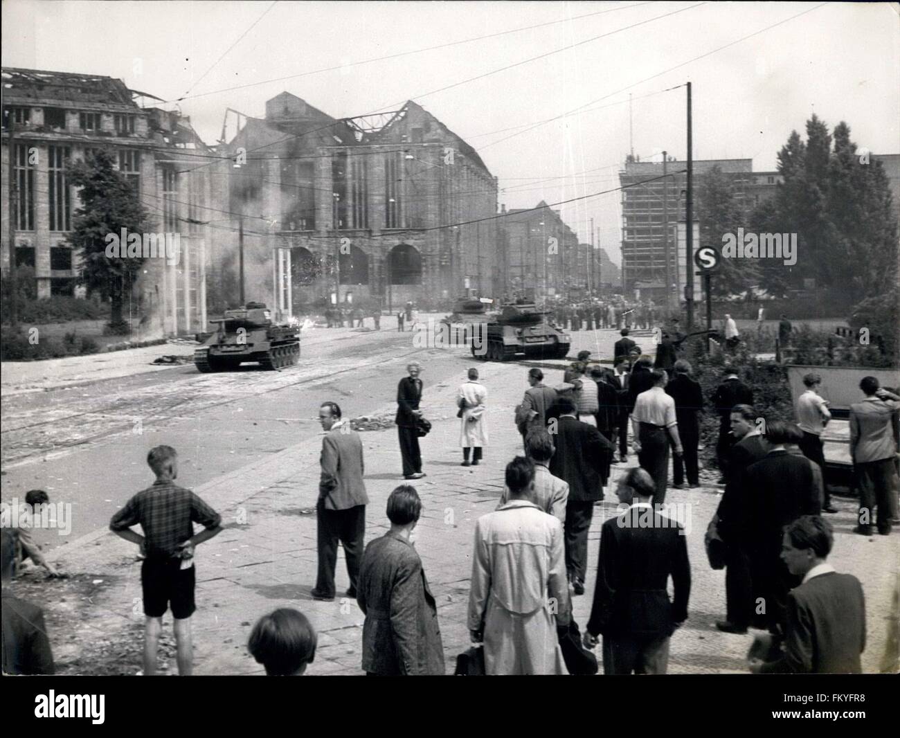 1953 - The situation of Berlin.: Demonstration and riots in East Berlin - June 18th 1953 . Soviet Occupation troops go into action against civilian population. Russian T-34 tanks seen blovking one of the streets in center of the East Berlin sector (Credit Image: © Keystone Pictures USA/ZUMAPRESS.com) Stock Photo