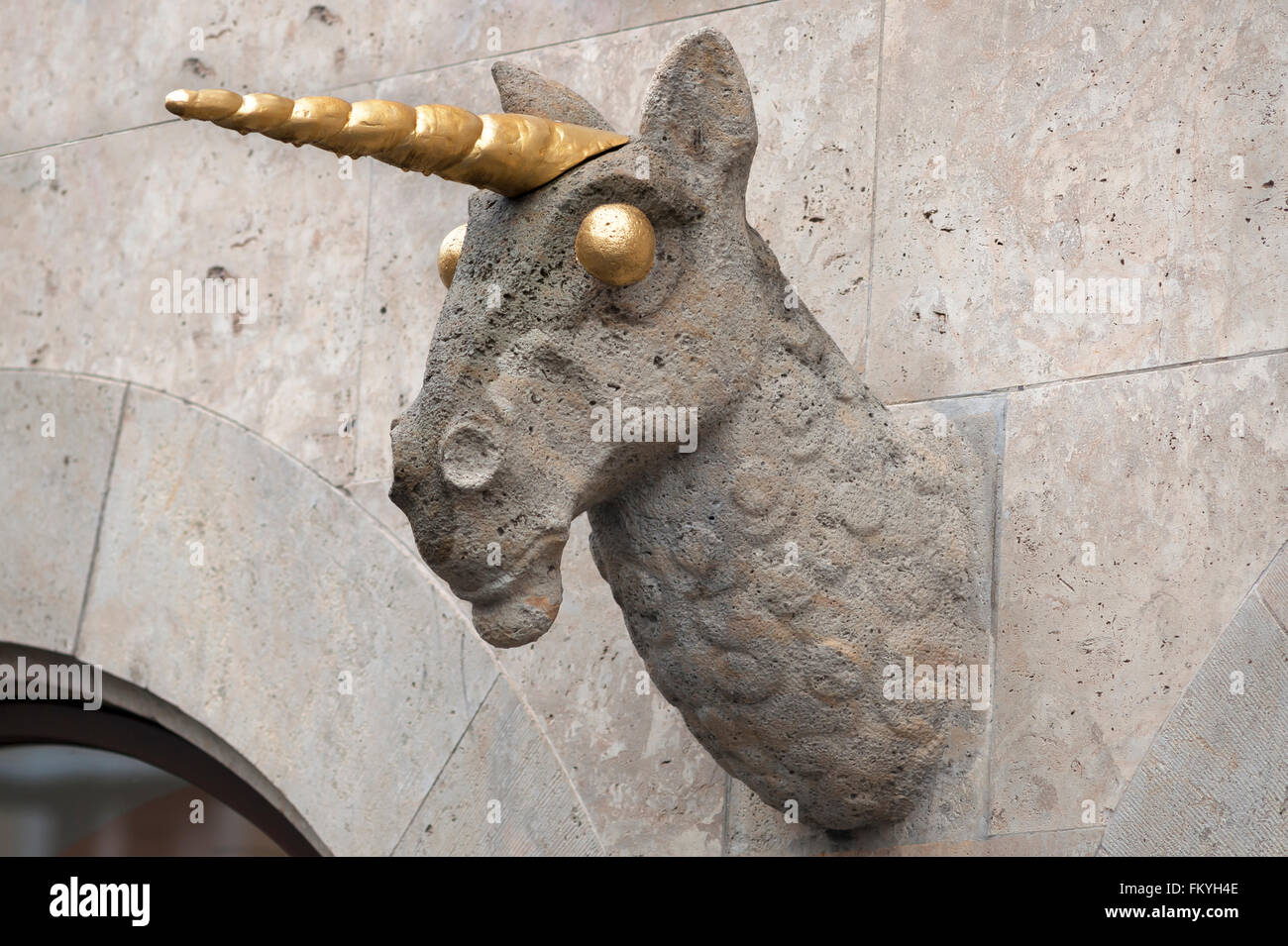 Unicorn sculpture on wall, Bamberg, Upper Franconia, Bavaria, Germany Stock Photo