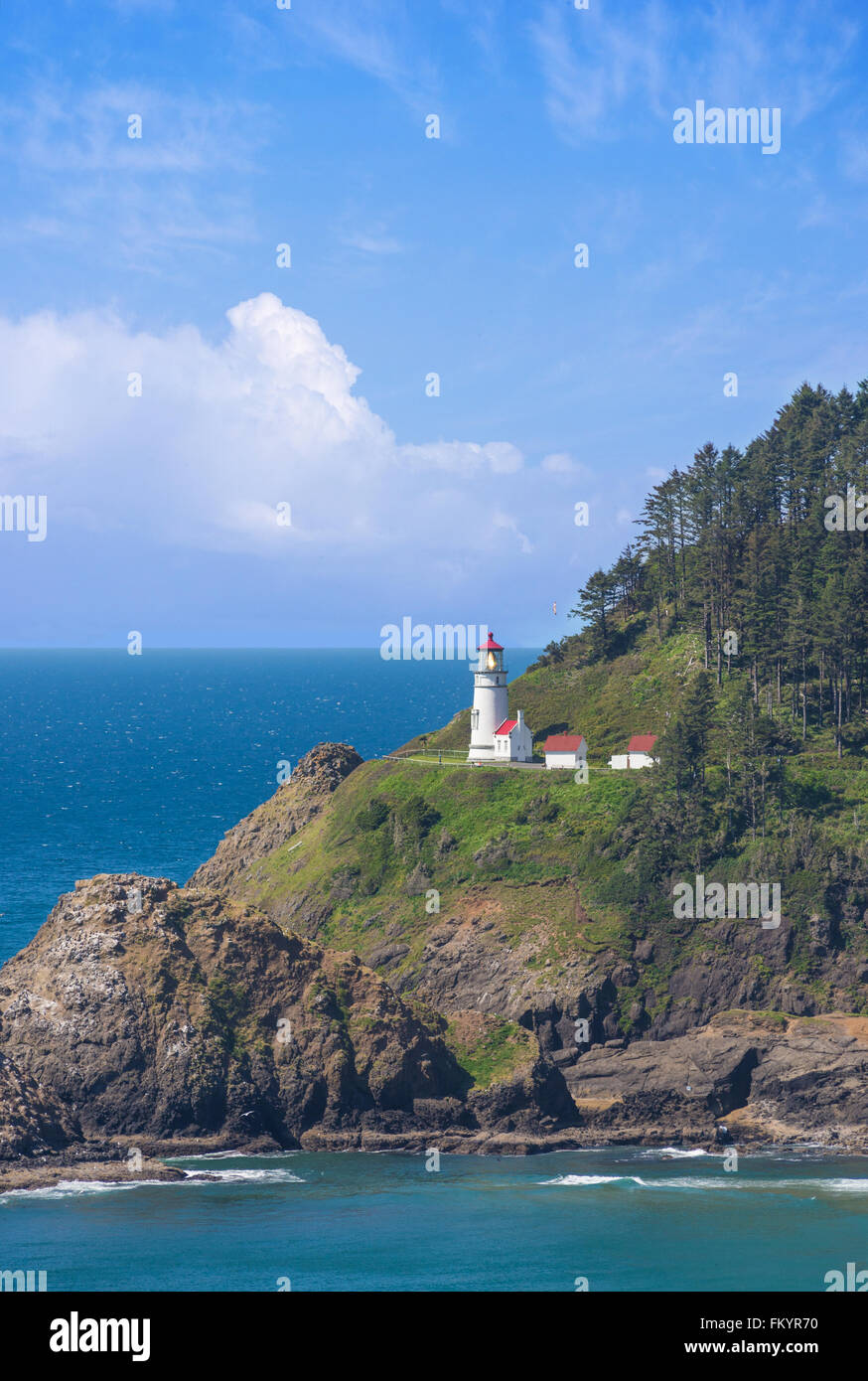 Distant clouds punctuate a bright blue sky at the Heceta Head lighthouse on Oregon's central coast. A popular landmark for touri Stock Photo