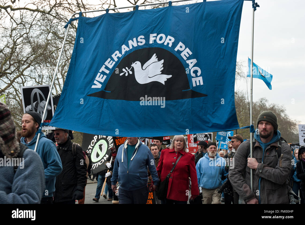 Large banner with dove and "Veterans for Peace" on anti Trident, CND demonstration. Stock Photo