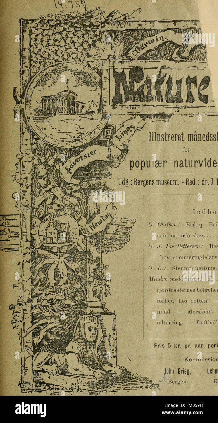 Naturen; illustreret maanedsskrift for populaer naturvidenskab (1897) is a popular scientific monthly magazine from Denmark that focuses on natural science. It presents articles, illustrations, and research on various topics in biology, geology, and environmental science. Stock Photo