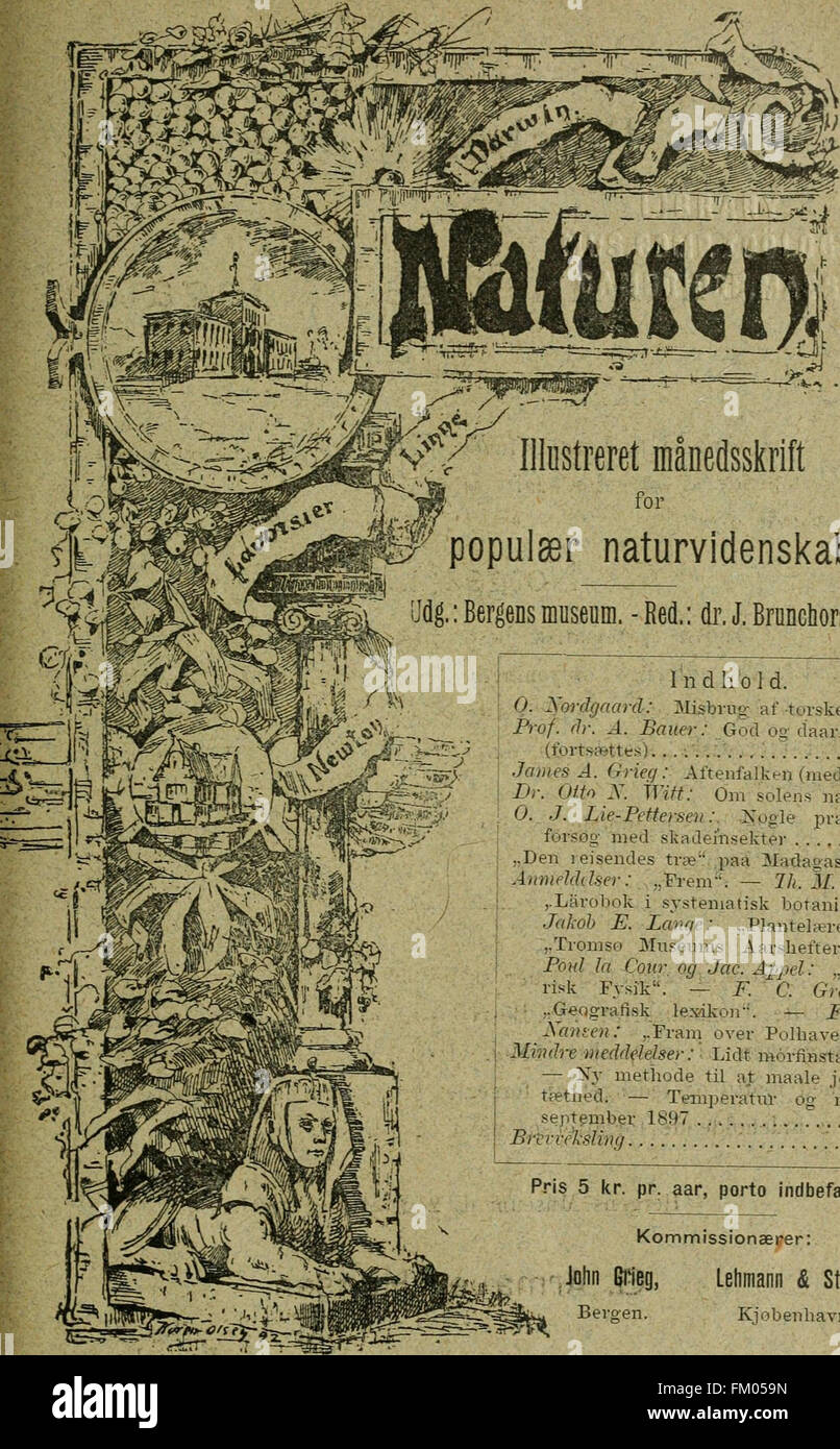 'Naturen; illustreret maanedsskrift for populaer naturvidenskab' (1897) is a popular scientific journal that covers various topics in nature and natural science, contributing to the dissemination of scientific knowledge. Stock Photo