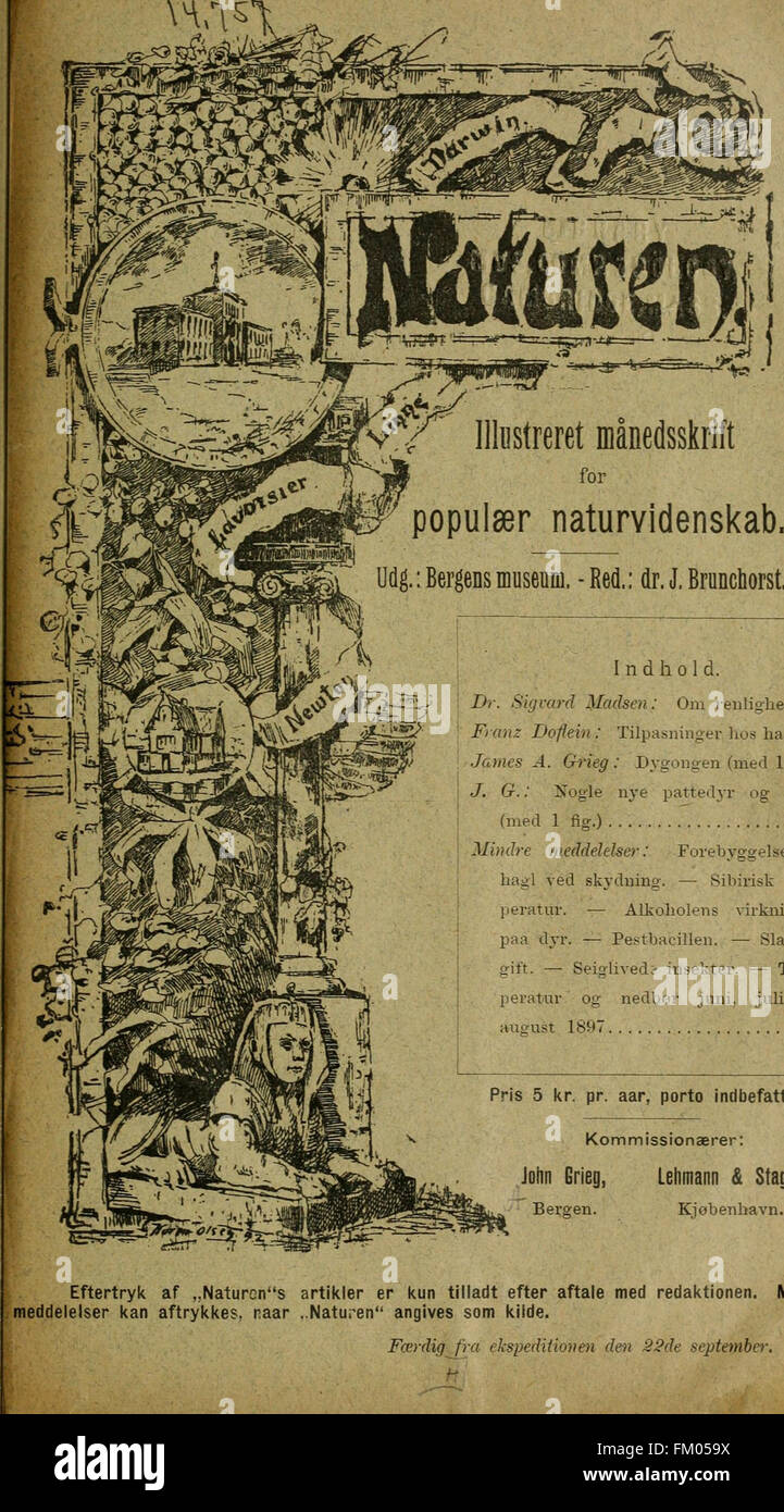 'Naturen; Illustreret Maanedsskrift for Populaer Naturvidenskab' (1897) is a Danish periodical on popular science, offering accessible articles on natural history and scientific developments of the time. Stock Photo