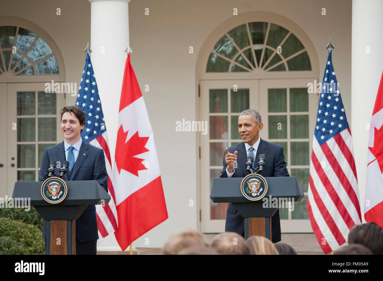 Washington DC, USA. 10th March, 2016. -White House Rose Garden Prime Minister Justin Trudeau hold a joint news conference with President Barack Obama. Credit:  Patsy Lynch/Alamy Live News Stock Photo