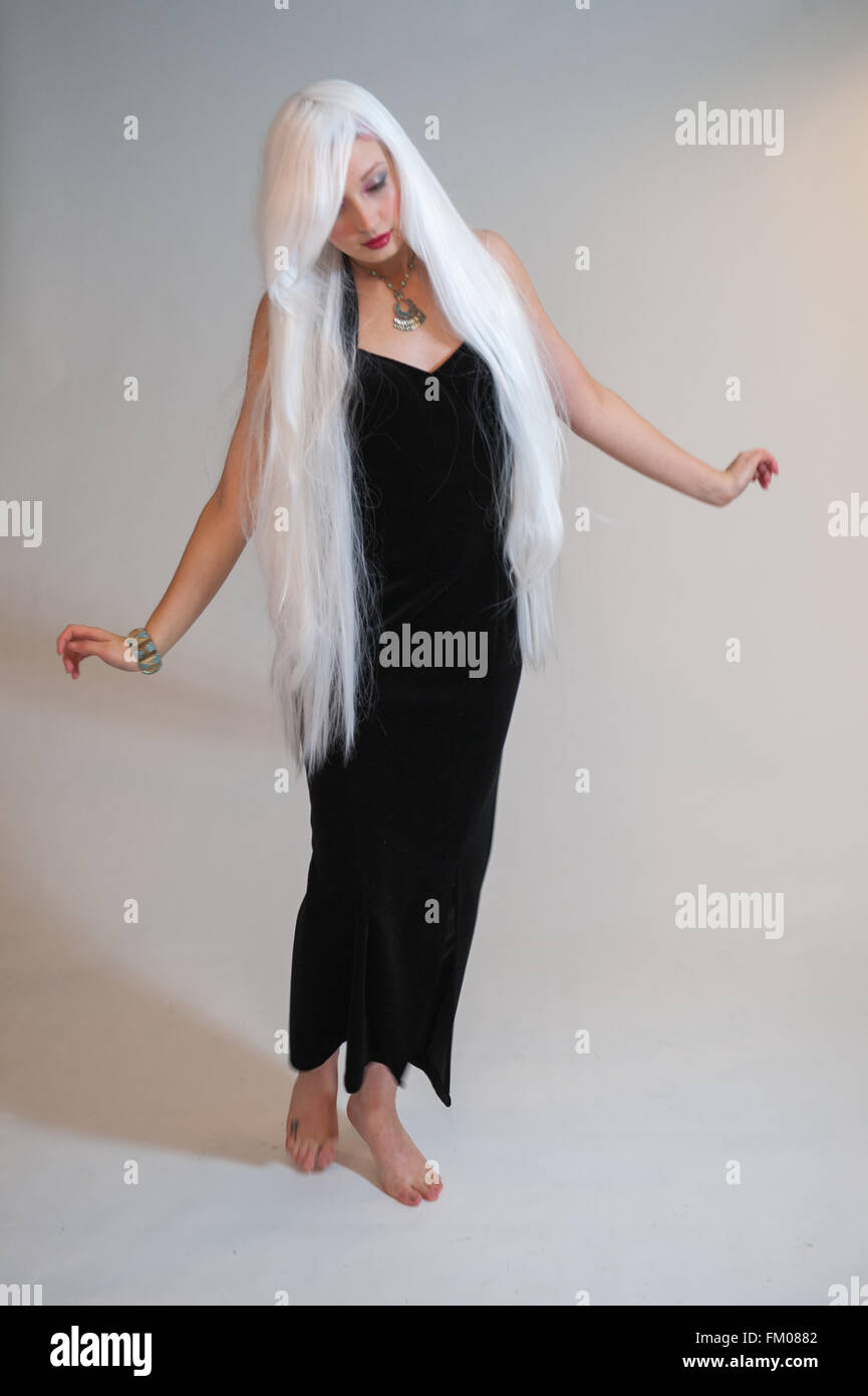 Girl with white hair and black dress Stock Photo