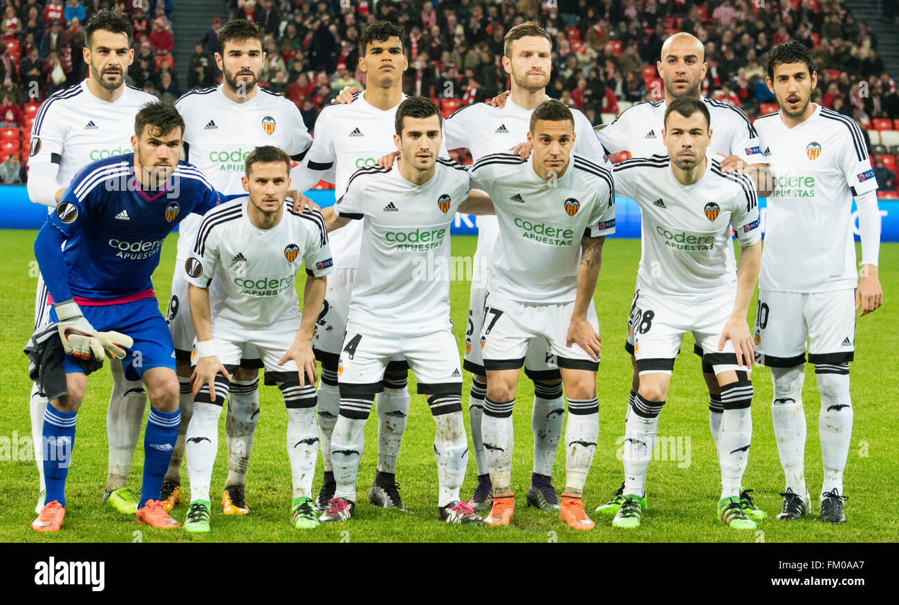 Bilbao, Spain. 10th March, 2016. Initial team of Valencia CF during  football match of round of 16 of UEFA Europe League between Athletic Club  and Valencia CF at San Mames Stadium on