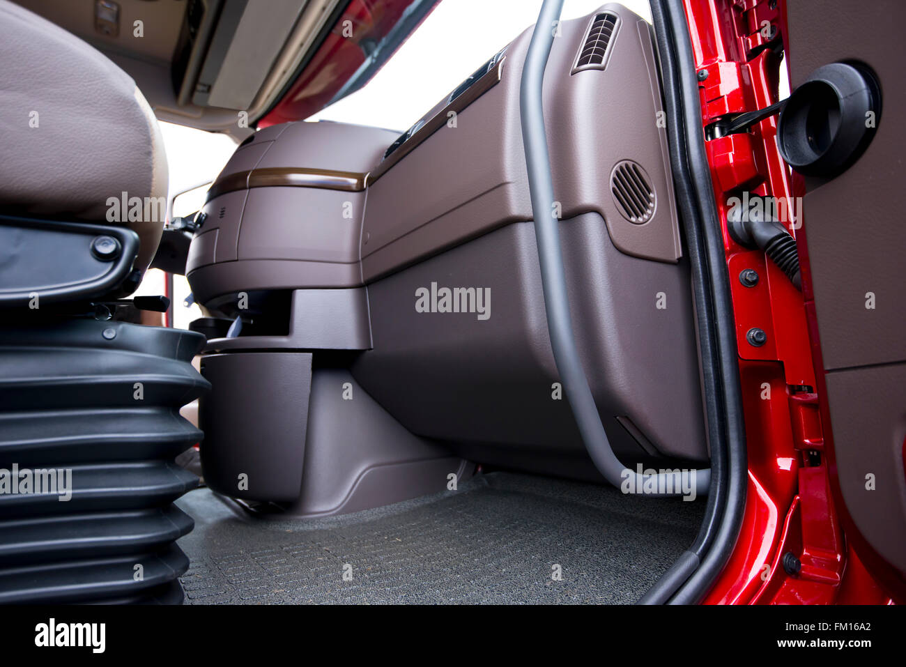 The Interior Of A Modern Luxury Red Semi Truck Made In