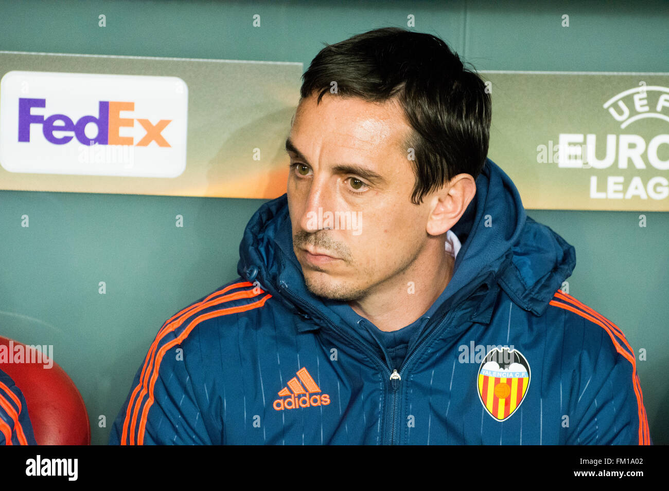 Bilbao, Spain. 10th March, 2016. Gary Neville (coach, Valencia CF) during football match of round of 16 of UEFA Europe League between Athletic Club and Valencia CF at San Mames Stadium on March 10, 2016 in Bilbao, Spain. Credit:  David Gato/Alamy Live News Stock Photo