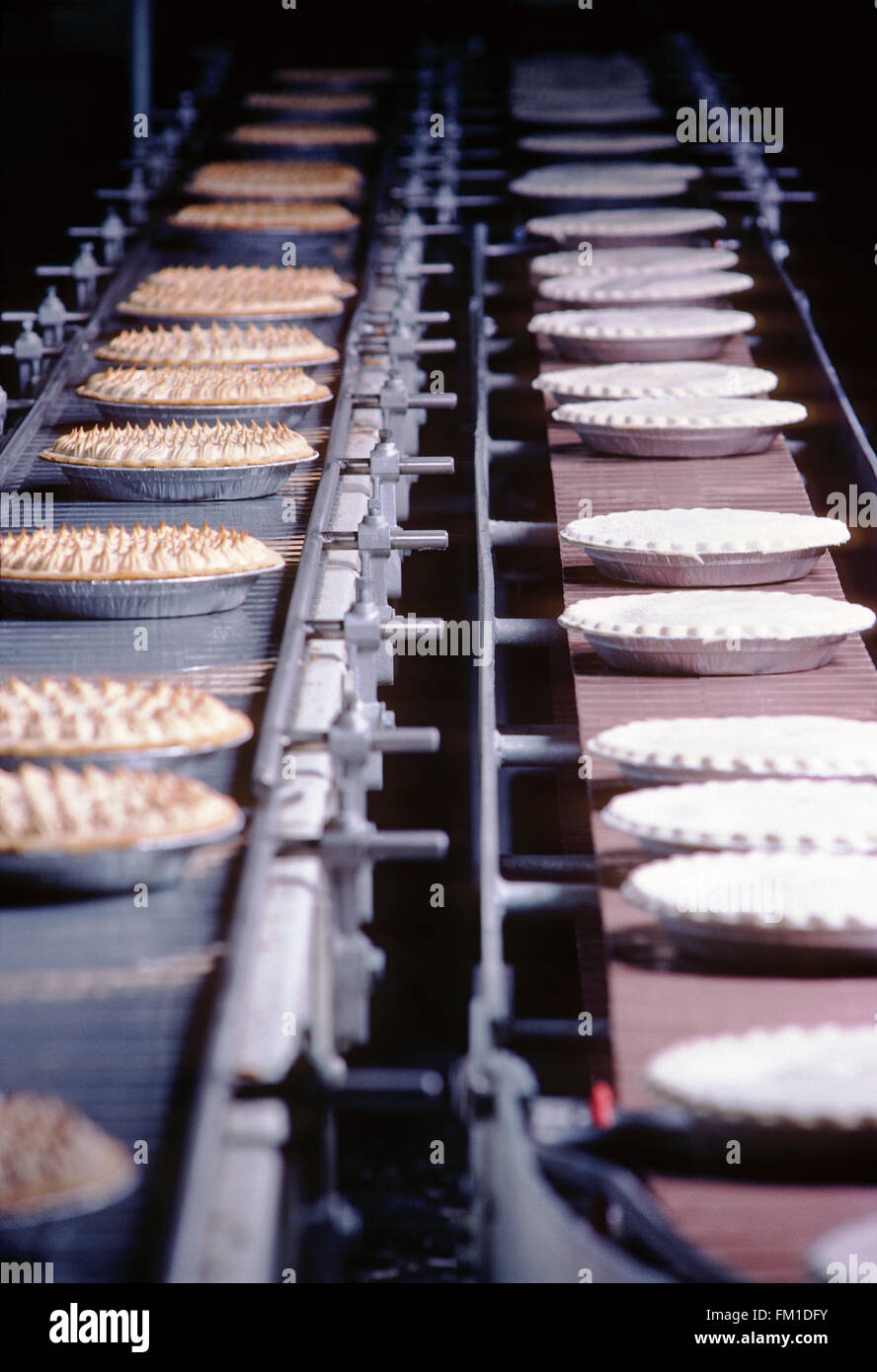 Mrs. Smith's lemon meringue pies on commercial bakery production line Stock Photo