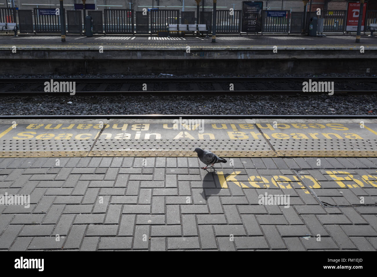 'Seachain an Bhearna' - 'mind the gap' warning sign in Irish Gaelic on platform at Dublin Connolly train station Stock Photo