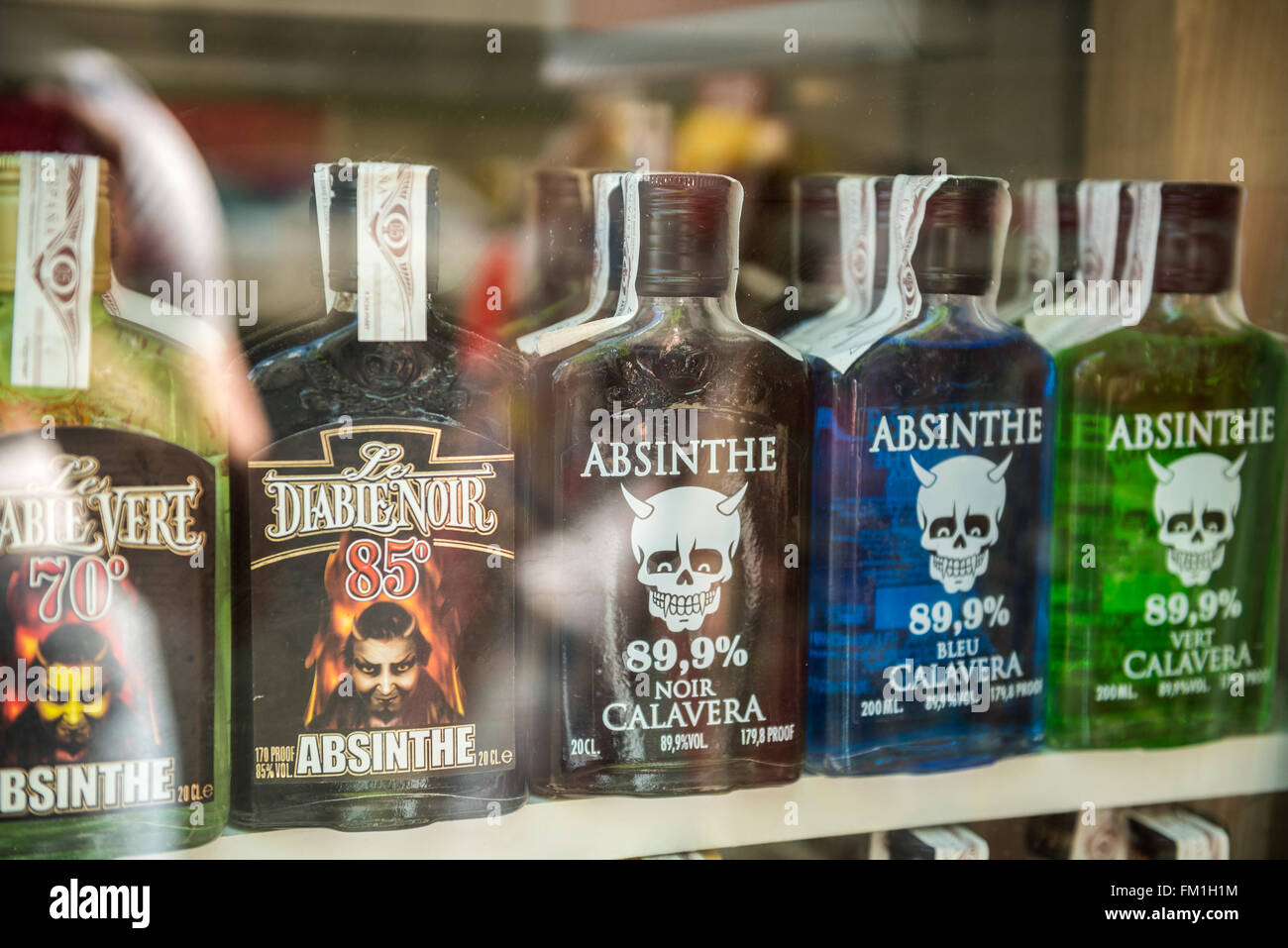 absinthe bottles in liquor store in Barcelona, Spain Stock Photo