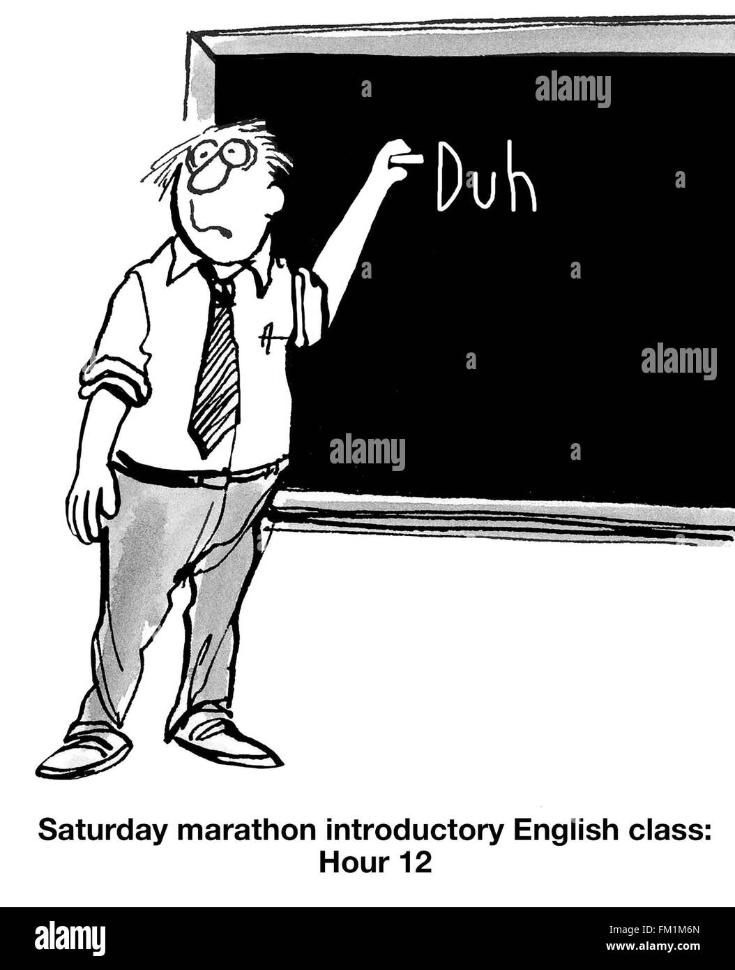 Education cartoon about exhausted teacher. Stock Photo