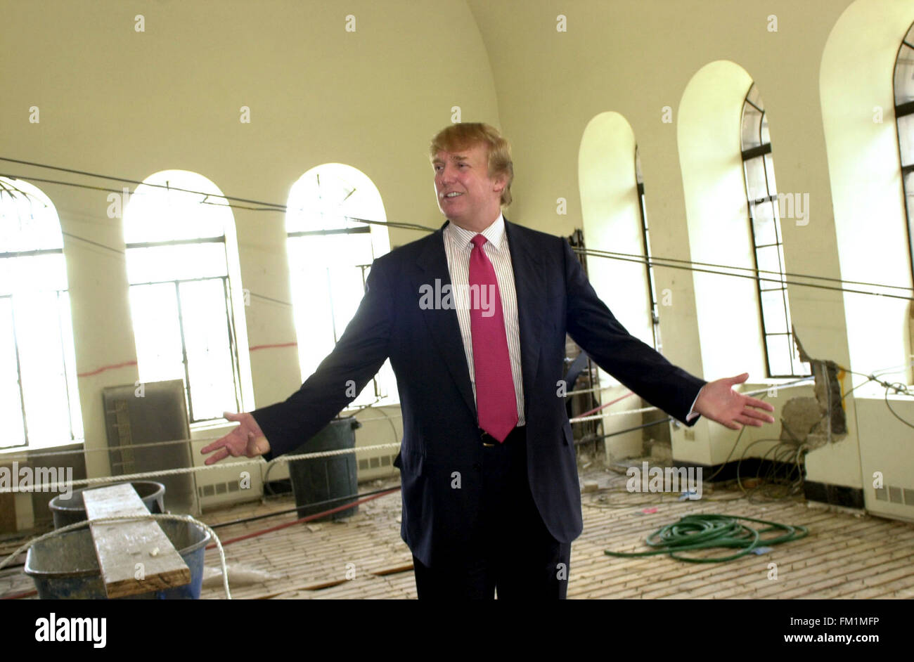 Real Estate Tycoon Donald Trump unveils his plans and tours the renovation of the Barbizon Hotel on August 8, 2002.   The former hotel, which served both a resident and transient  population is being renovated into luxury apartments. (© Frances M. Roberts) Stock Photo