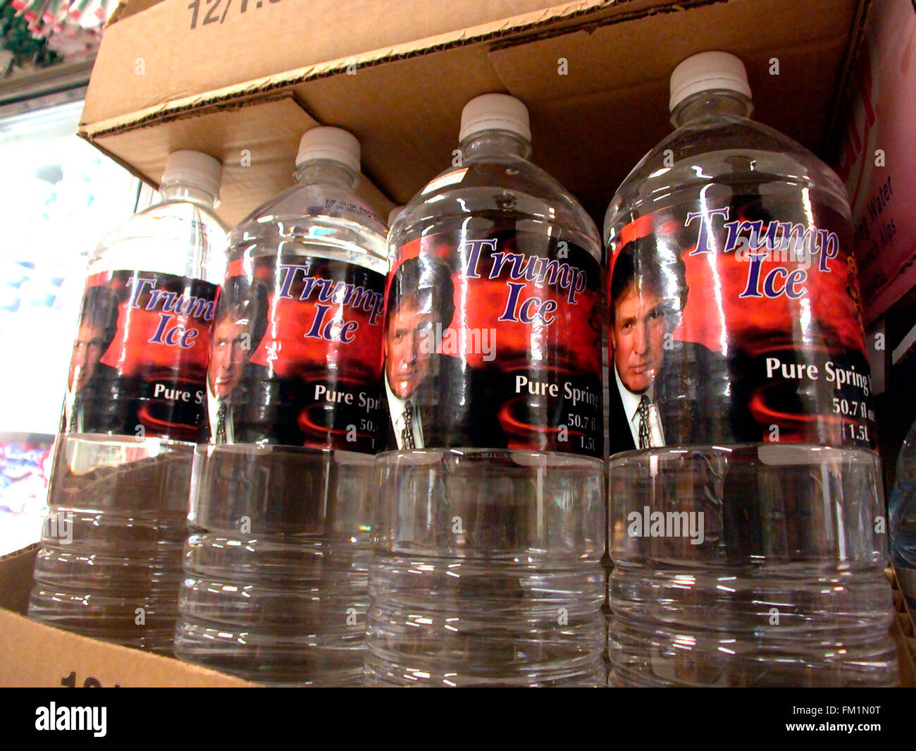 A display of "Trump Ice" bottled water is seen in a supermarket on
