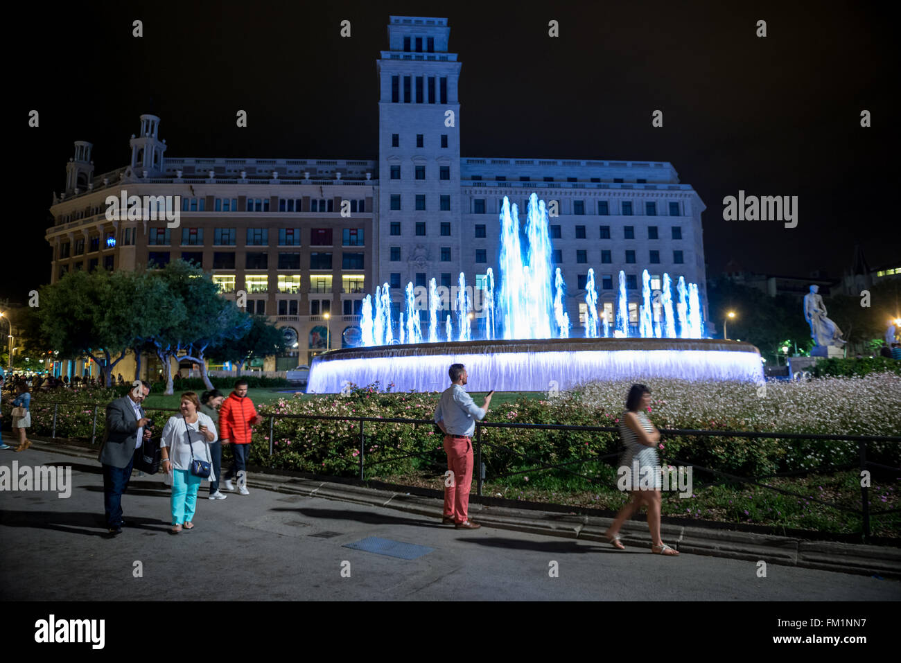 Public Library of Barcelona and Banco Espanol de Credito building at Catalonia Square (Placa de Catalunya) in Barcelona, Spain Stock Photo