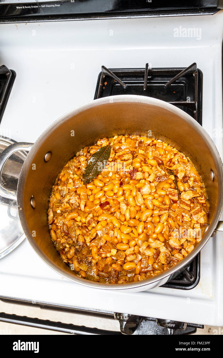Canario beans cooked on a stove top in a stainless steal pot.  Also known as Peruano or mayacoba beans. Stock Photo