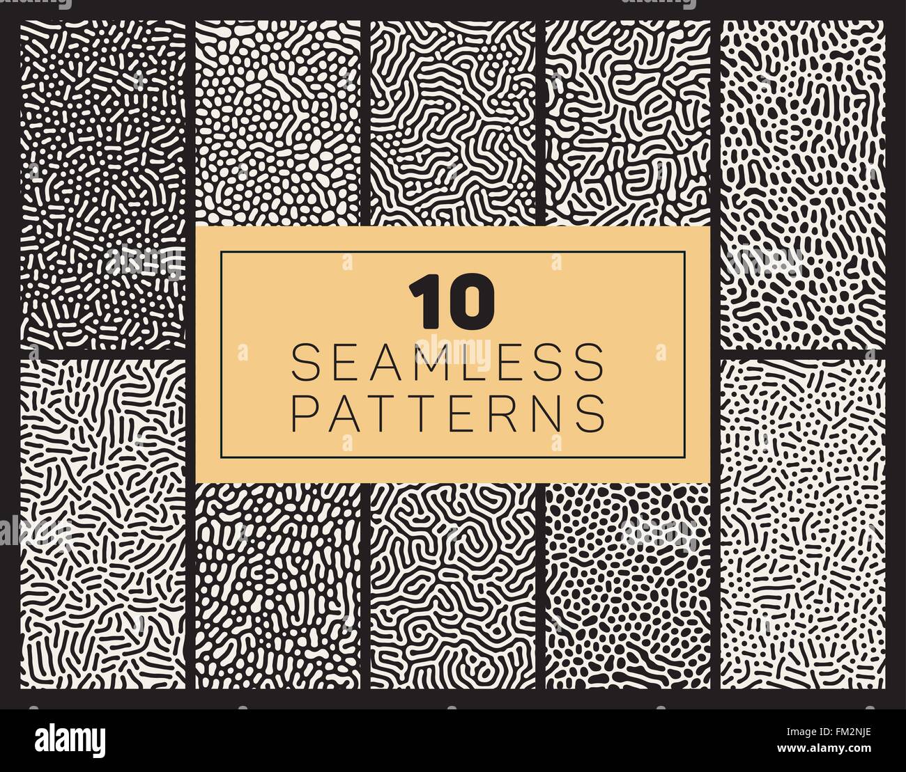 Set of Ten Vector Seamless Black and White Organic Rounded Jumble Maze ...