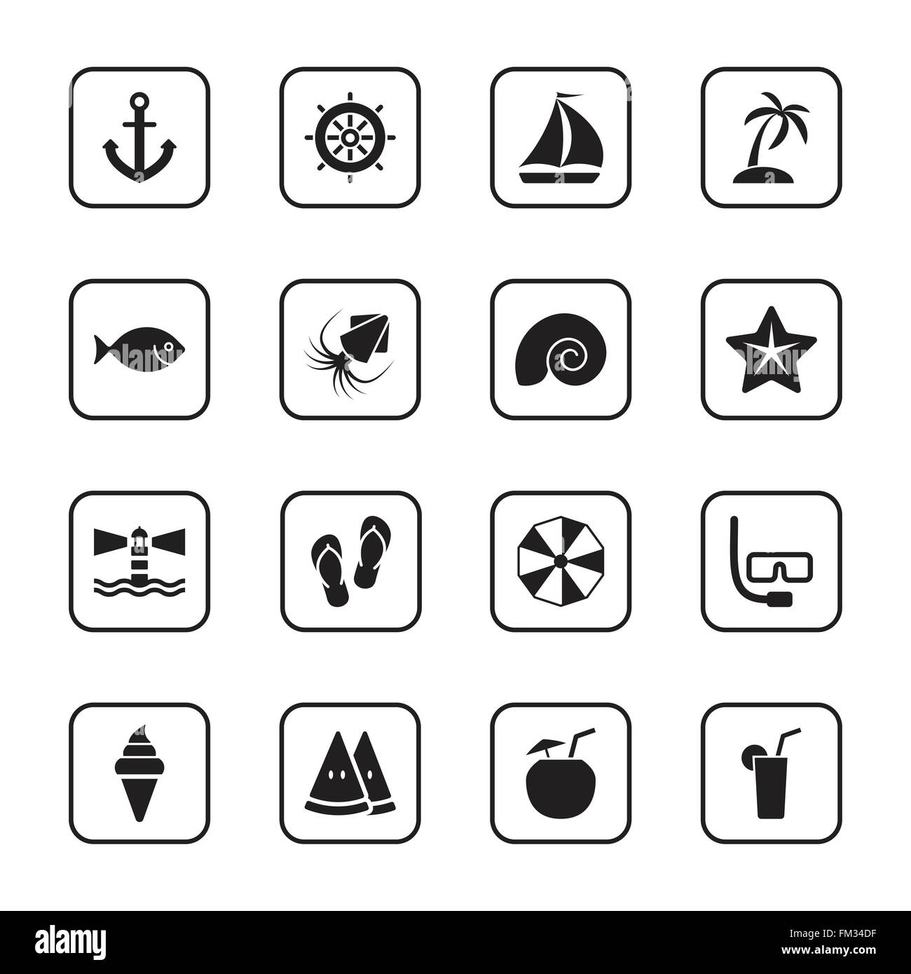 [EPS10] black flat beach and summer icon set with rounded rectangle ...