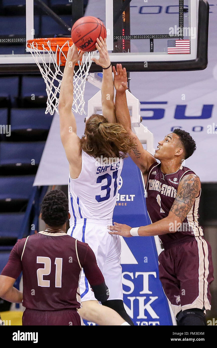 New Orleans, LA, USA. 10th Mar, 2016. Georgia State Panthers forward T.J. Shipes (31) shoots against Texas State Bobcats forward Kavin Gilder-Tilbury (1) during an NCAA basketball game between the Texas State Bobcats and the Georgia State Panthers at the UNO Lakefront Arena in New Orleans, LA. Stephen Lew/CSM/Alamy Live News Stock Photo