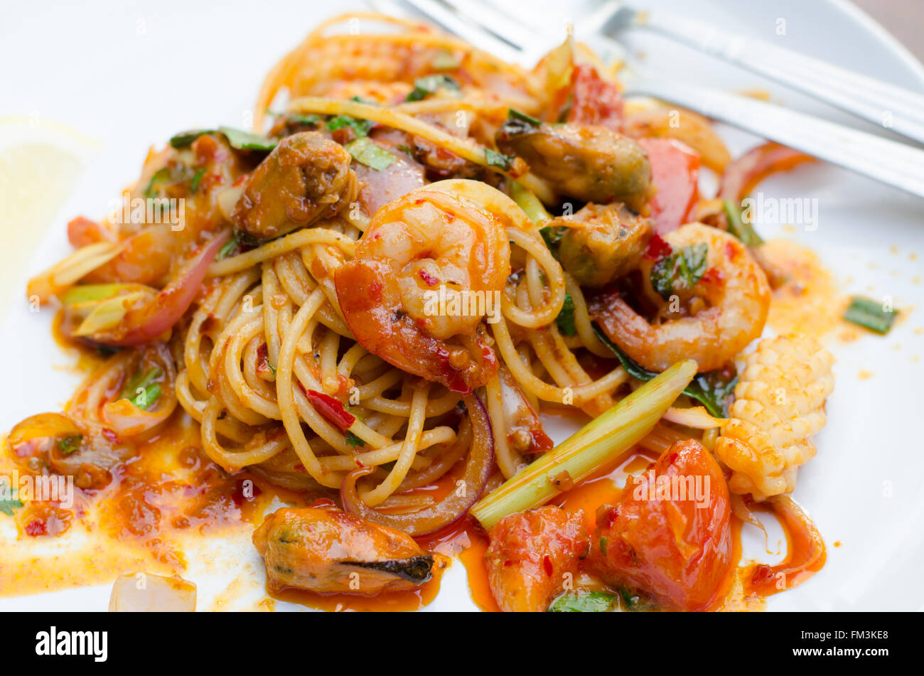 tom yum spaghetti, thai food Stock Photo