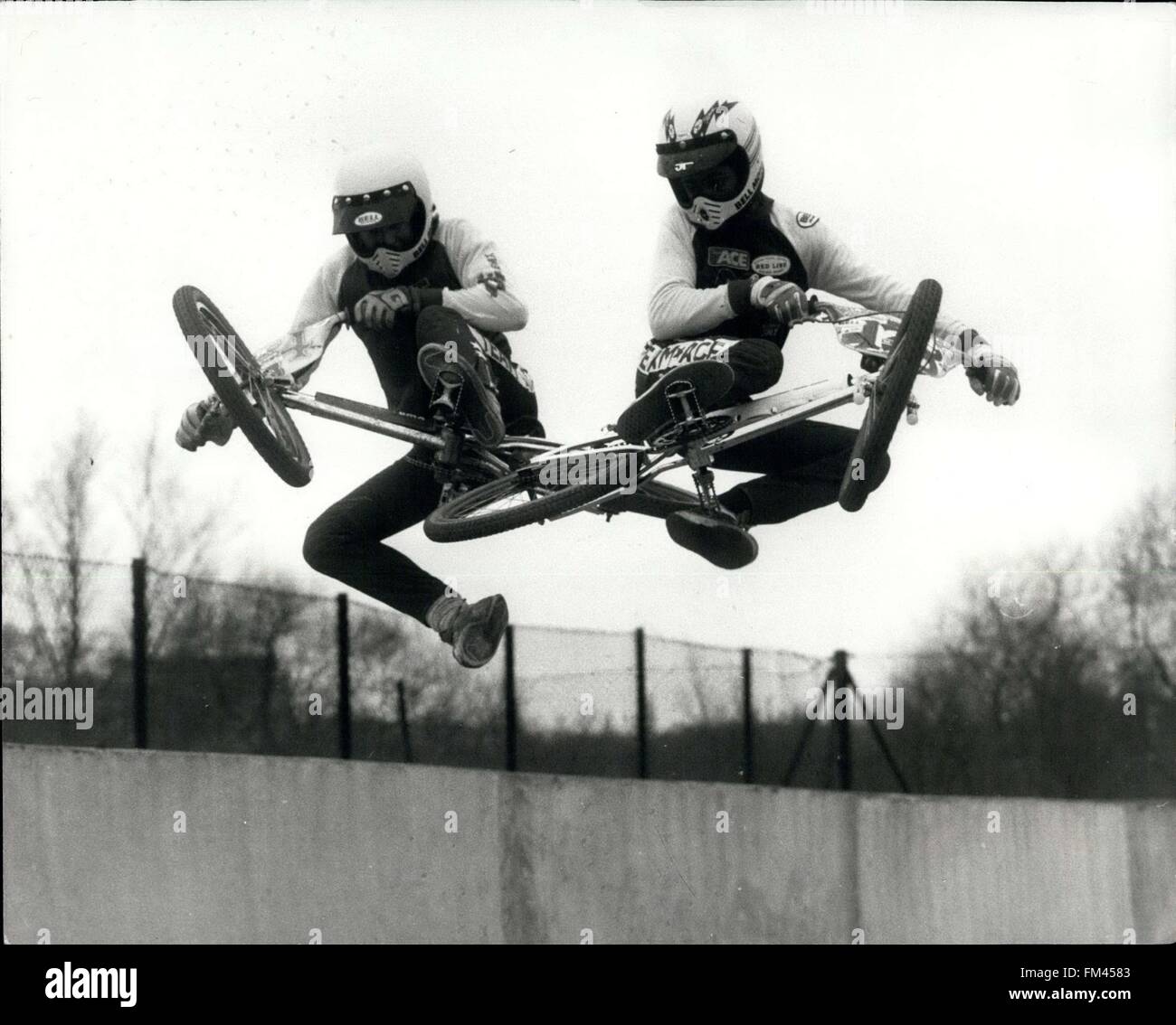 1982 - BMX Takes Off! They fly through the air with the greatest of ease, these magnificient men and their flying machines-except in this case the machines have no wings and two wheels and are usually a strictly earch-bound form of transport. But When Team Ace get a stride their saddles, you'll belive a bike can fly, BMX shorthand for Bicycle, Motocross, is the latest craze to cross the Atlantic. This action-packed thrill-a-minute sport makes frisbeas, skateboards, and rollerskates look dulll by comparison. It's a serious sport which is gaining momentum fast. Over here it already has its own o Stock Photo