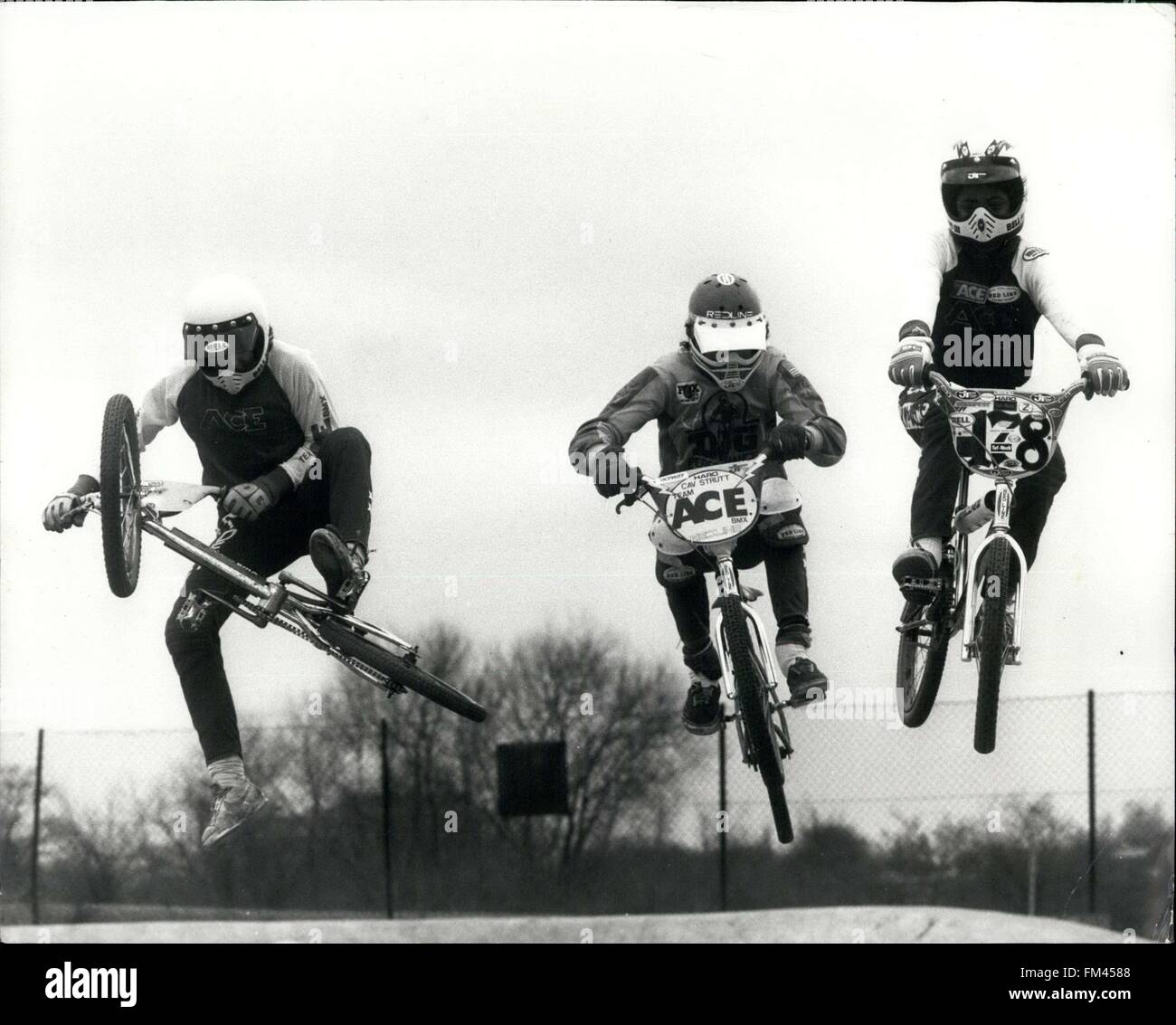 1982 - BMX Takes Off! They fly through the air with the greatest of ease, these magnificient men and their flying machines-except in this case the machines have no wings and two wheels and are usually a strictly earch-bound form of transport. But When Team Ace get a stride their saddles, you'll belive a bike can fly, BMX shorthand for Bicycle, Motocross, is the latest craze to cross the Atlantic. This action-packed thrill-a-minute sport makes frisbeas, skateboards, and rollerskates look dulll by comparison. It's a serious sport which is gaining momentum fast. Over here it already has its own o Stock Photo