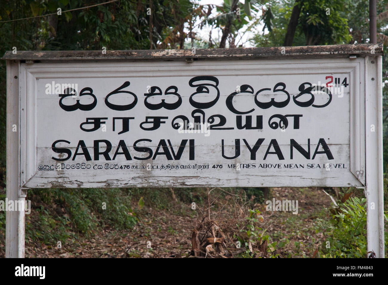 Trilingual sign on the station platform at Sarasavi Uyana, outside Kandy, Sri Lanka Stock Photo