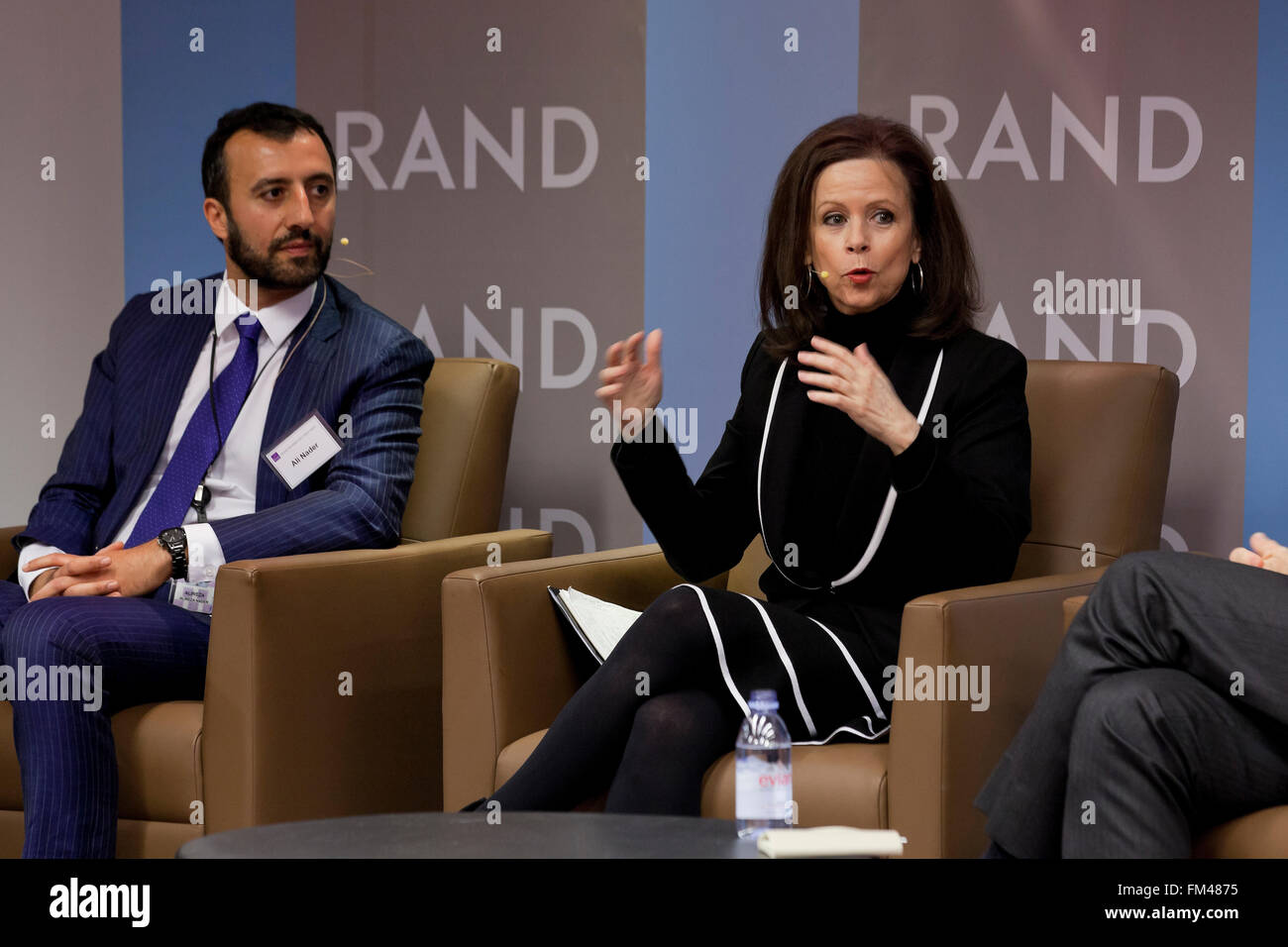 Hamid Biglari, Alireza Nader and Robin Wright speaking at Iran Deal conference - RAND Corporation, Arlington, Virginia USA Stock Photo