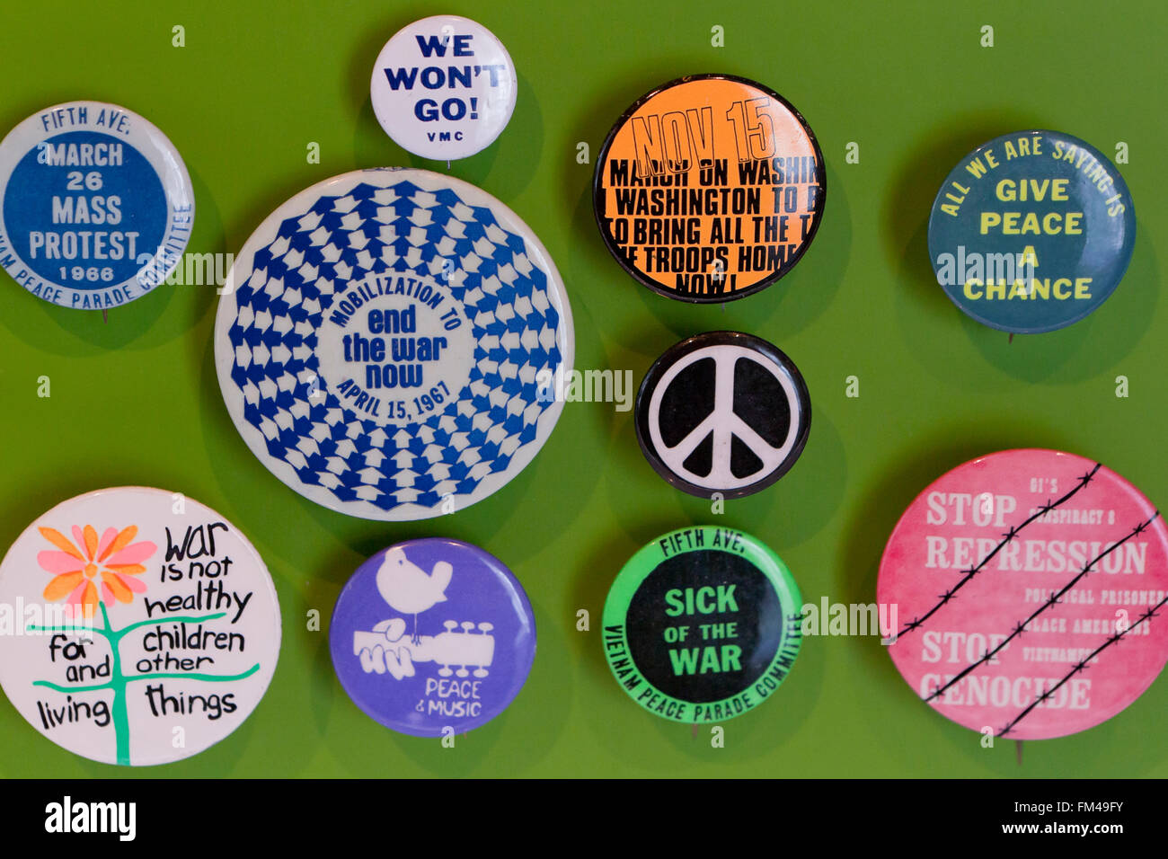 Vietnam War era anti-war protest buttons - Newseum, Washington, DC USA Stock Photo